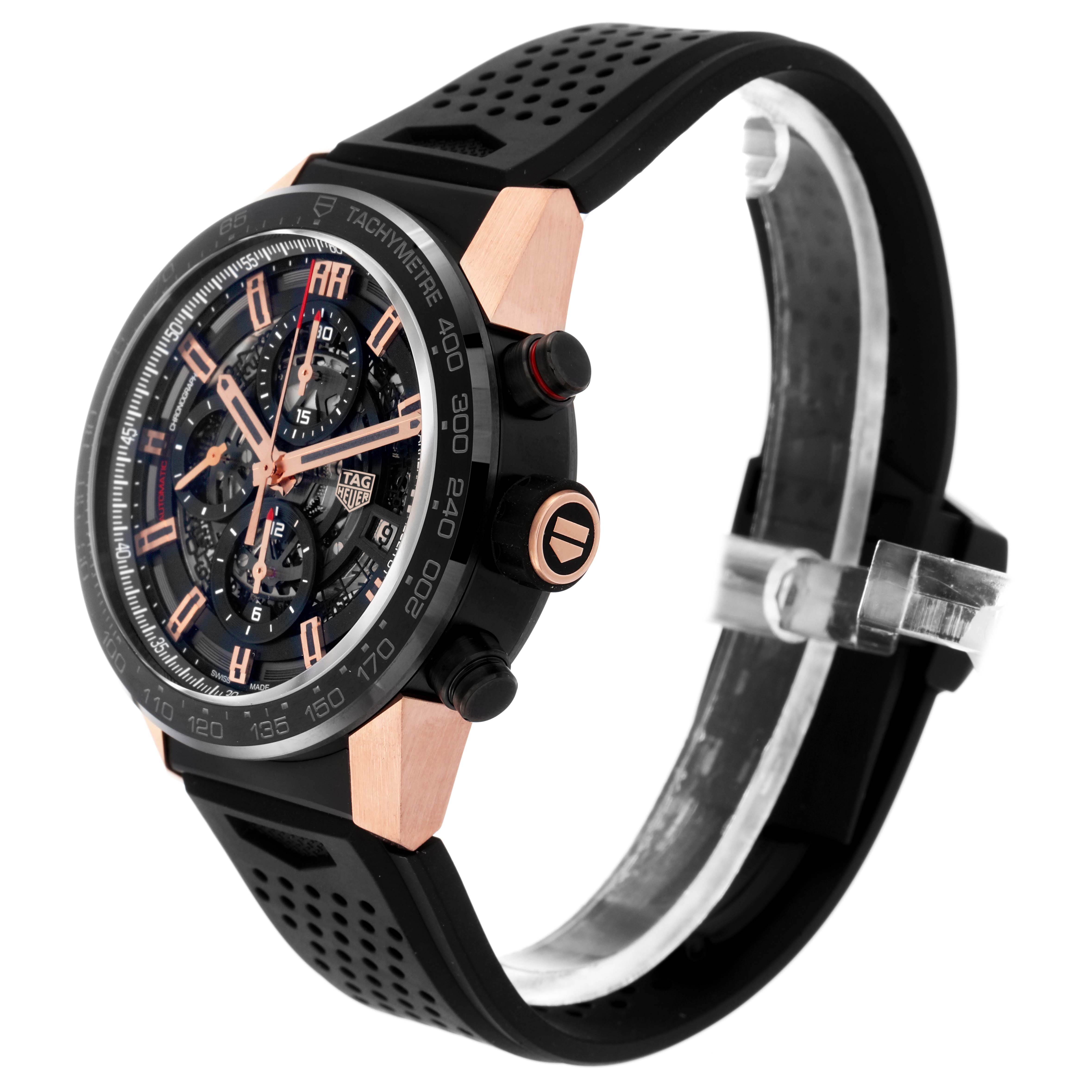 The image shows a side and front angle of the Tag Heuer Carrera model CAR205A.FT6087, highlighting its face, bezel, buttons, and strap.