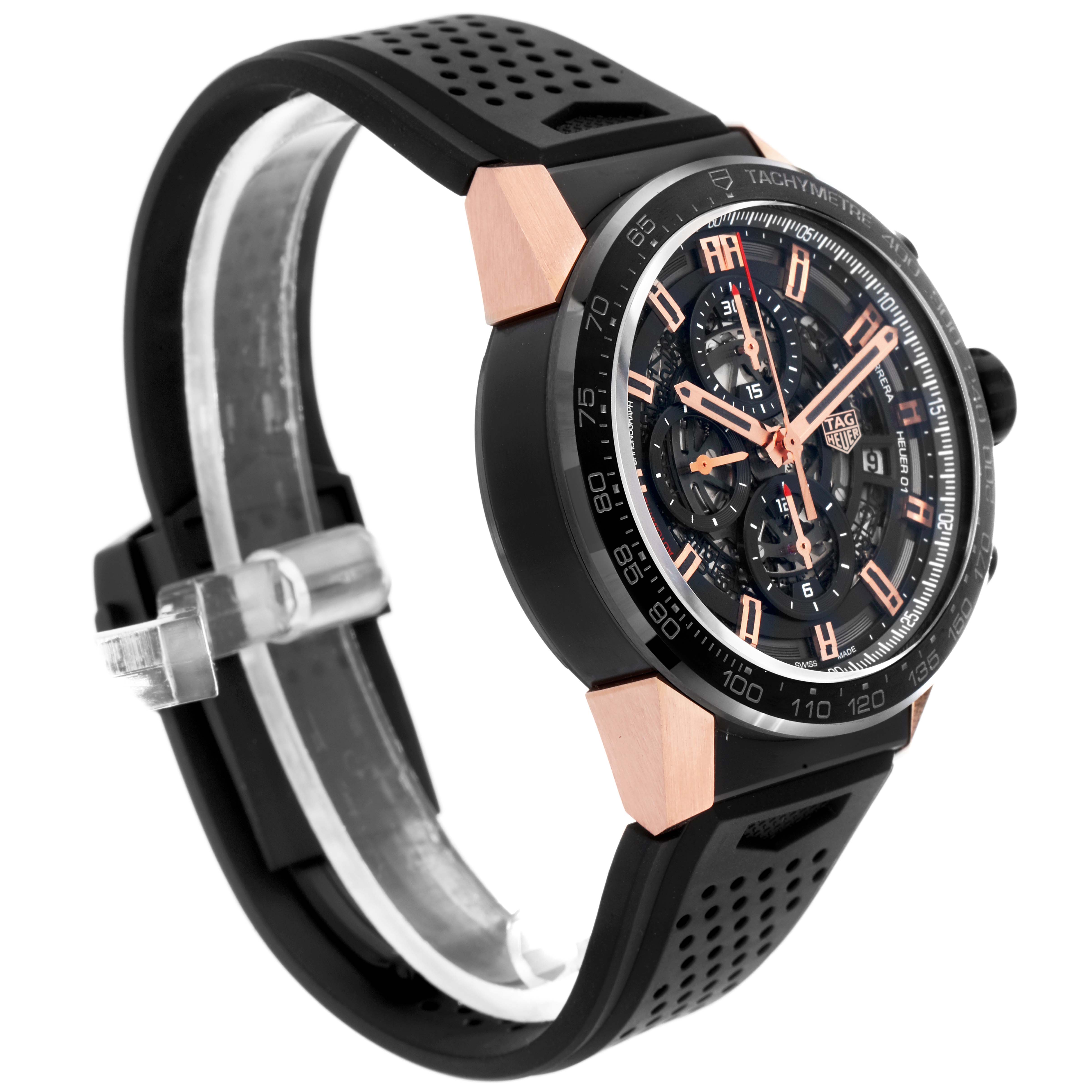 The image shows a side view of the Tag Heuer Carrera model CAR205A.FT6087, highlighting the watch face, bezel, pushers, and part of the strap.