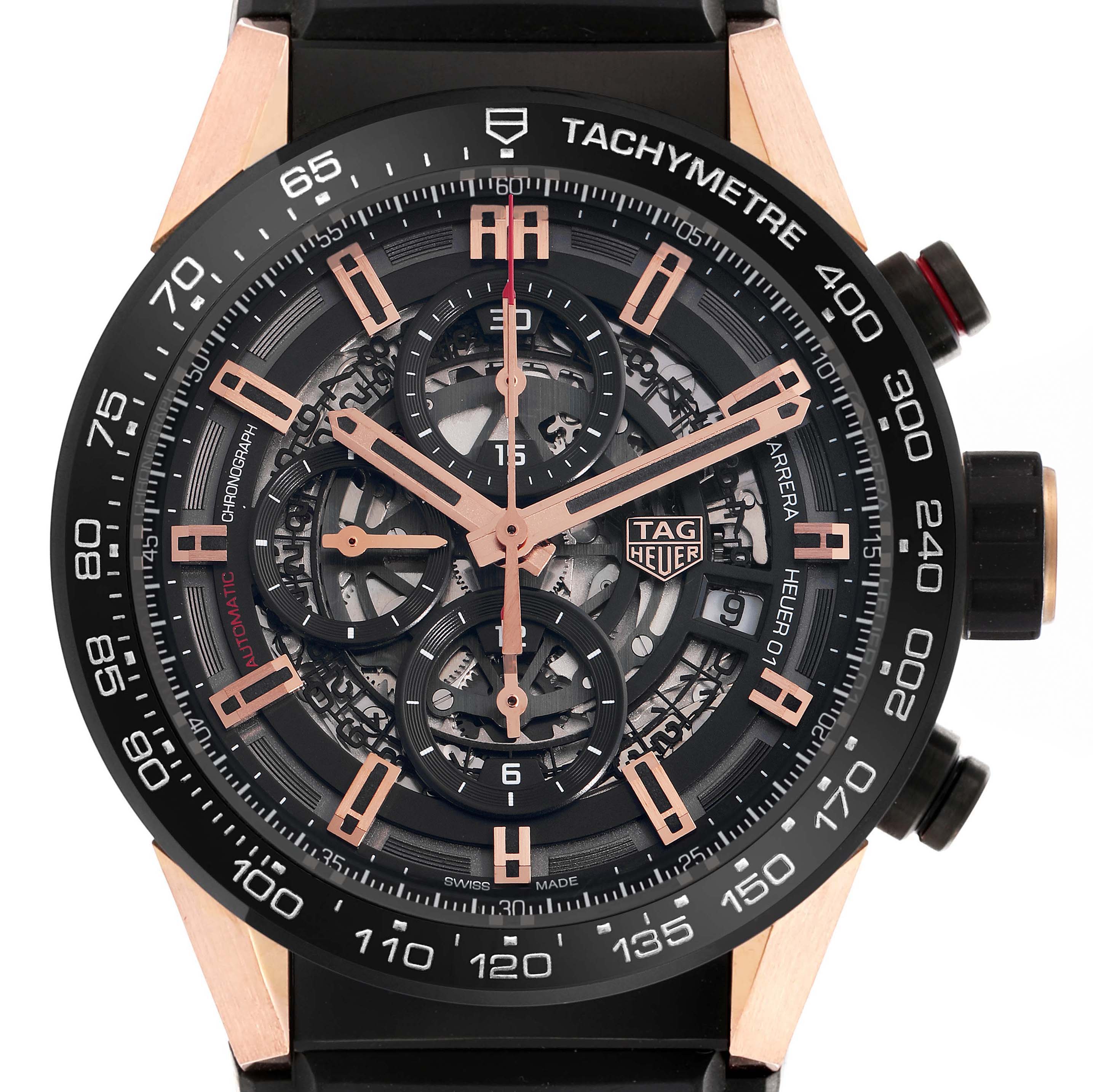 The image shows a frontal close-up of the Tag Heuer Carrera model CAR205A.FT6087 watch, highlighting its dial, bezel, subdials, and tachymetre scale.