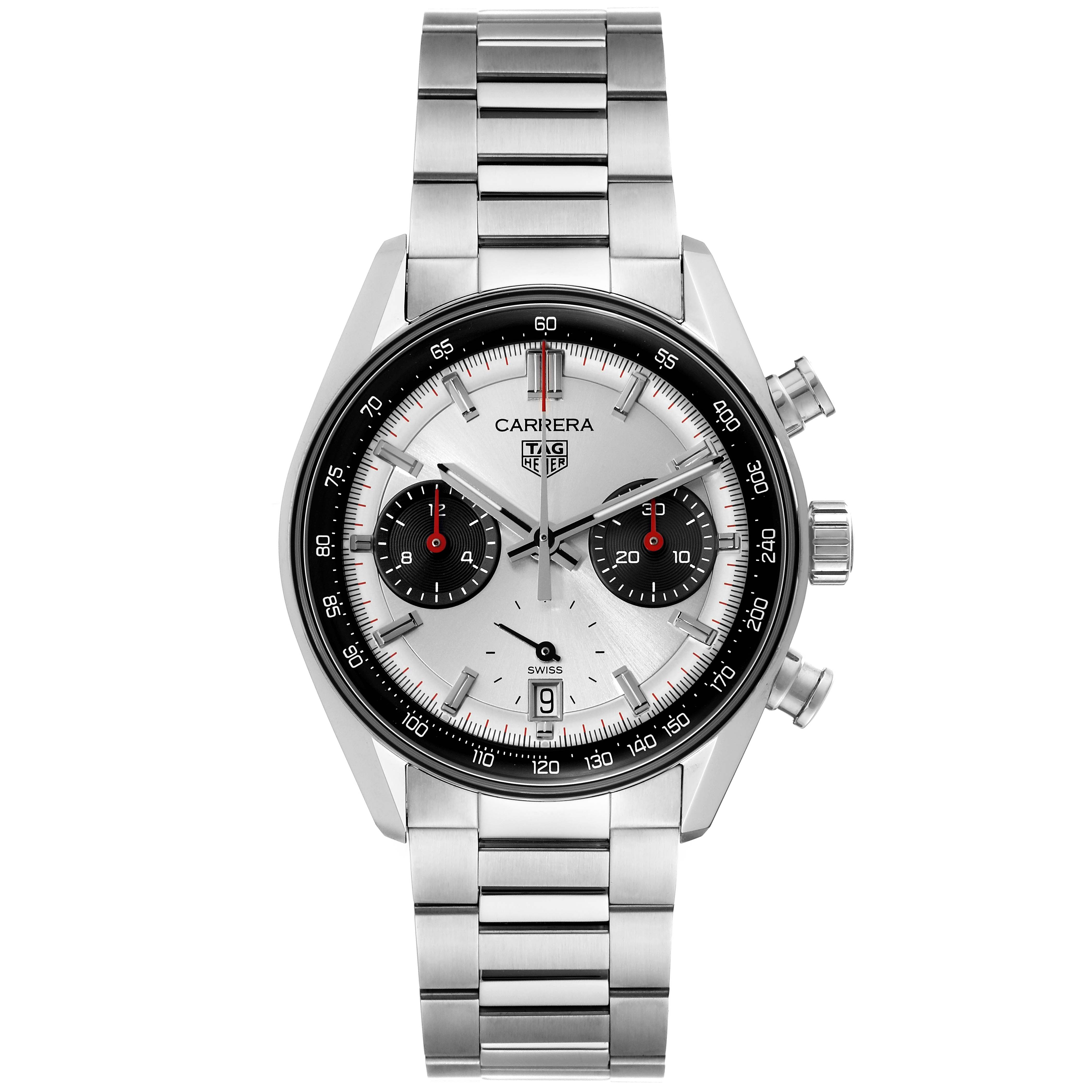 This image shows the front view of a Tag Heuer Carrera CBS2216 Men
s Stainless Steel Silver Dial CBS2216 Men
s Stainless Steel Silver Dial model watch with a stainless steel band and multiple sub-dials.