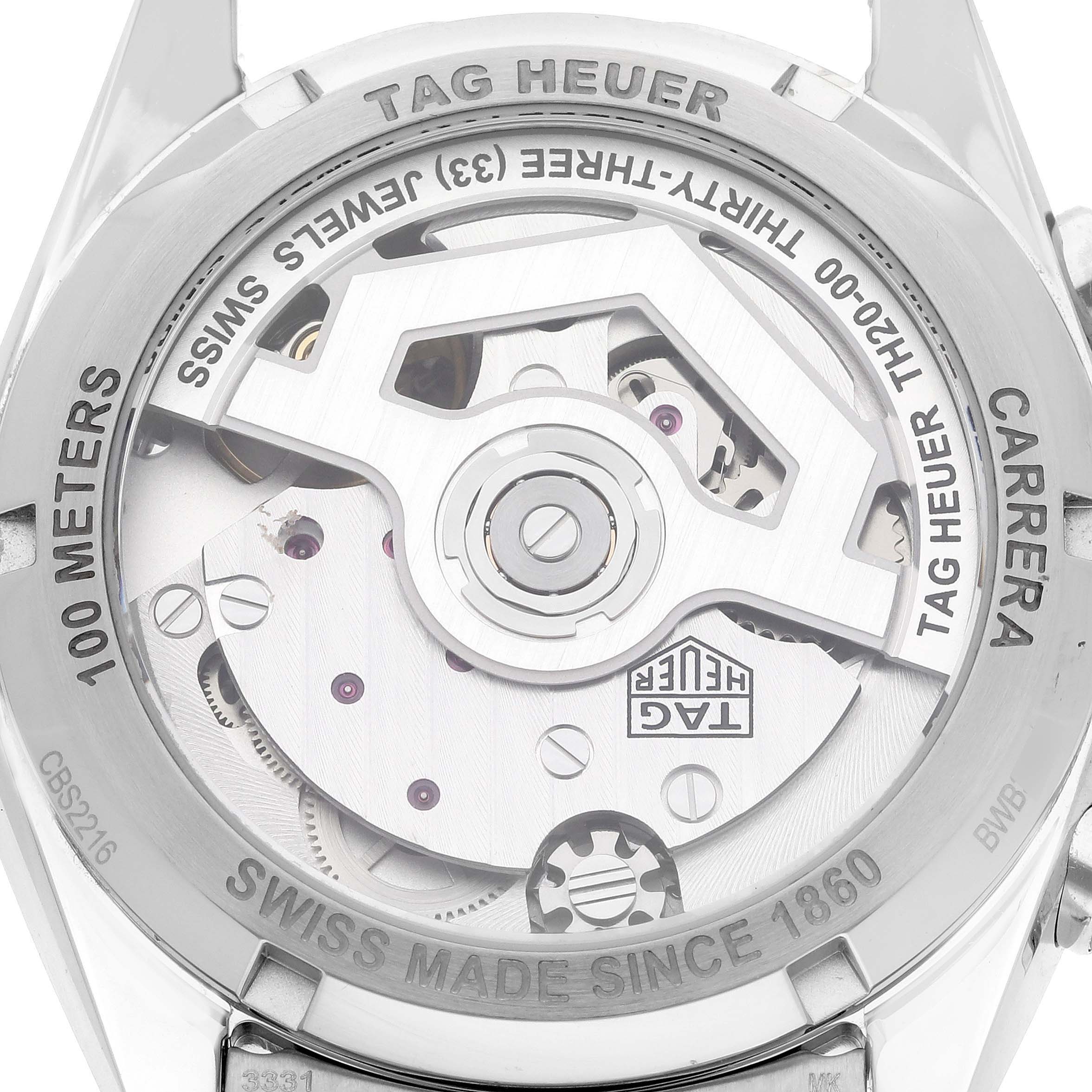 The image shows the back view of the Tag Heuer Carrera CBS2216 Men
s Stainless Steel Silver Dial CBS2216 Men
s Stainless Steel Silver Dial watch, revealing its internal mechanical parts.