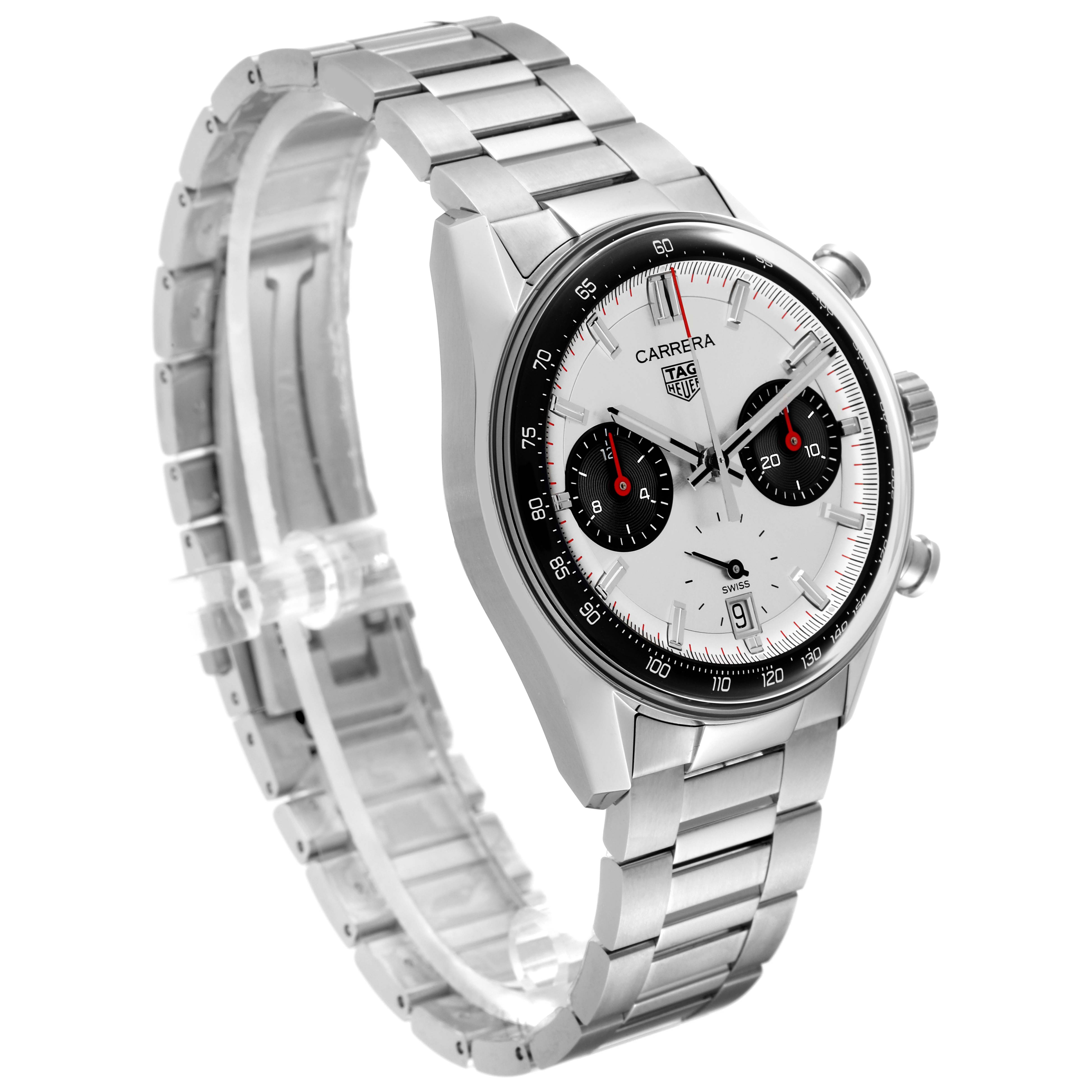 The Tag Heuer Carrera CBS2216 Men
s Stainless Steel Silver Dial CBS2216 Men
s Stainless Steel Silver Dial watch is shown at a 3/4 angle displaying its face, bezel, and metal bracelet.
