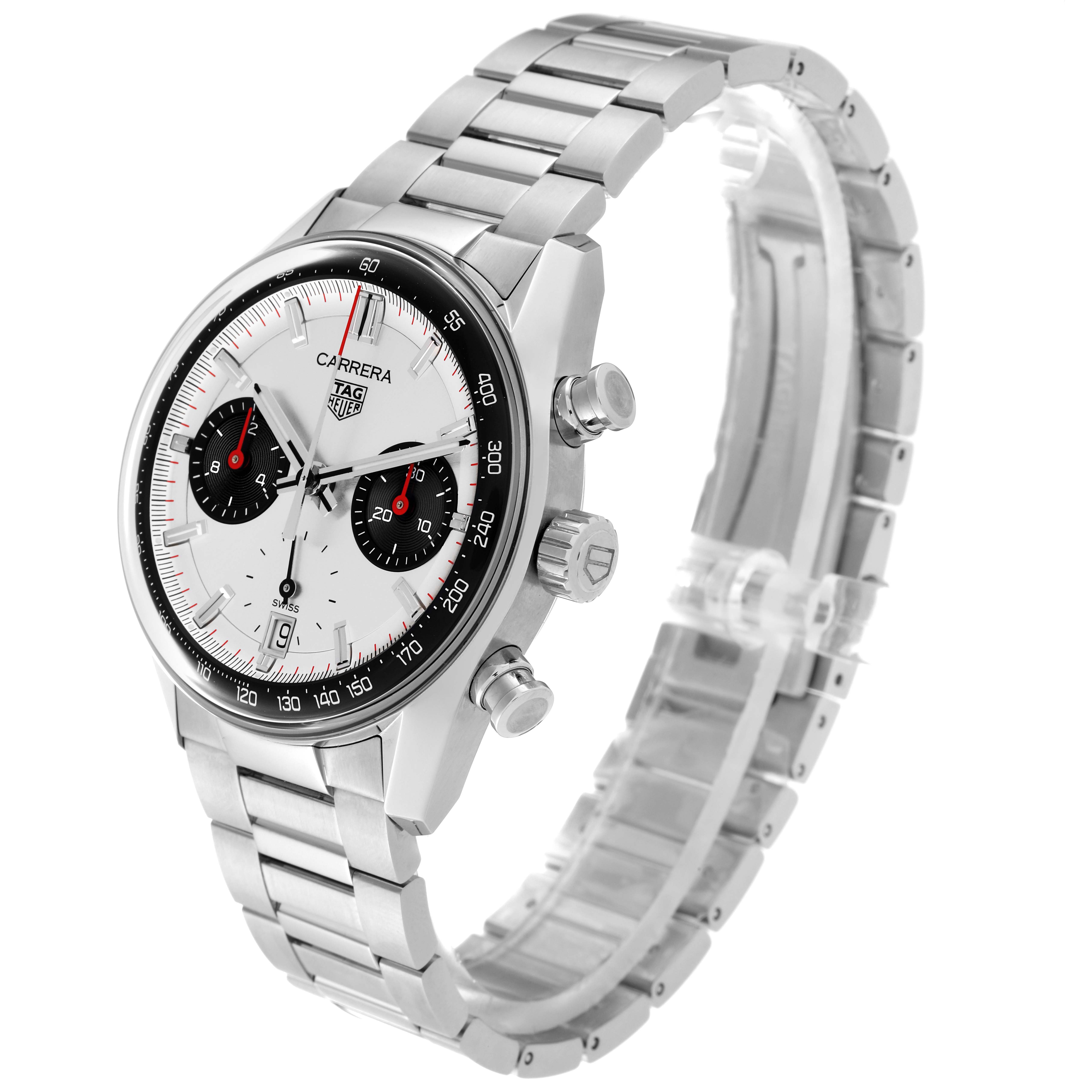 The image shows a side and front view of the Tag Heuer Carrera CBS2216 Men
s Stainless Steel Silver Dial CBS2216 Men
s Stainless Steel Silver Dial watch, highlighting the bracelet, dial, and case.