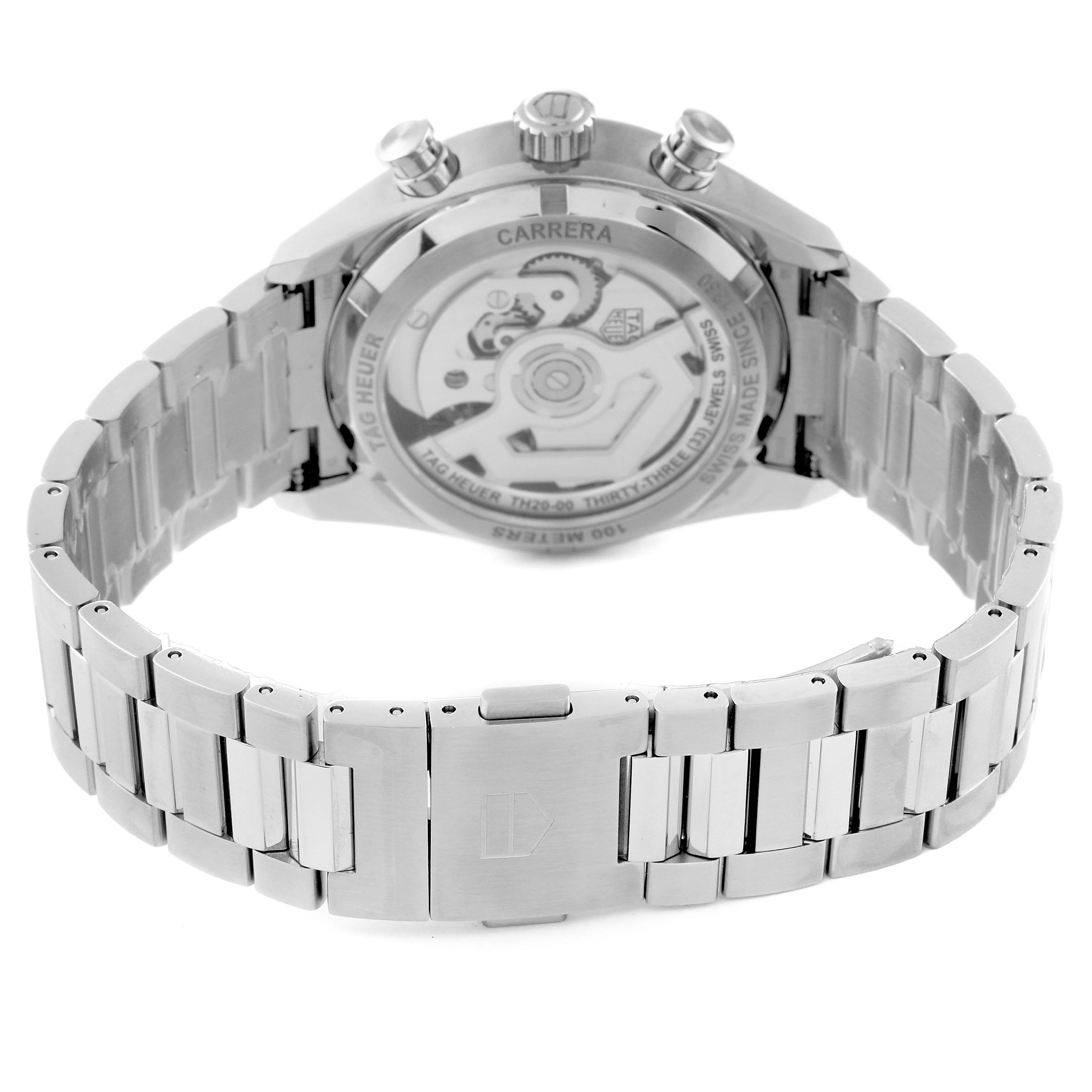 The image shows the back of the Tag Heuer Carrera CBS2216 Men
s Stainless Steel Silver Dial CBS2216 Men
s Stainless Steel Silver Dial watch, highlighting its stainless steel bracelet and transparent case back.