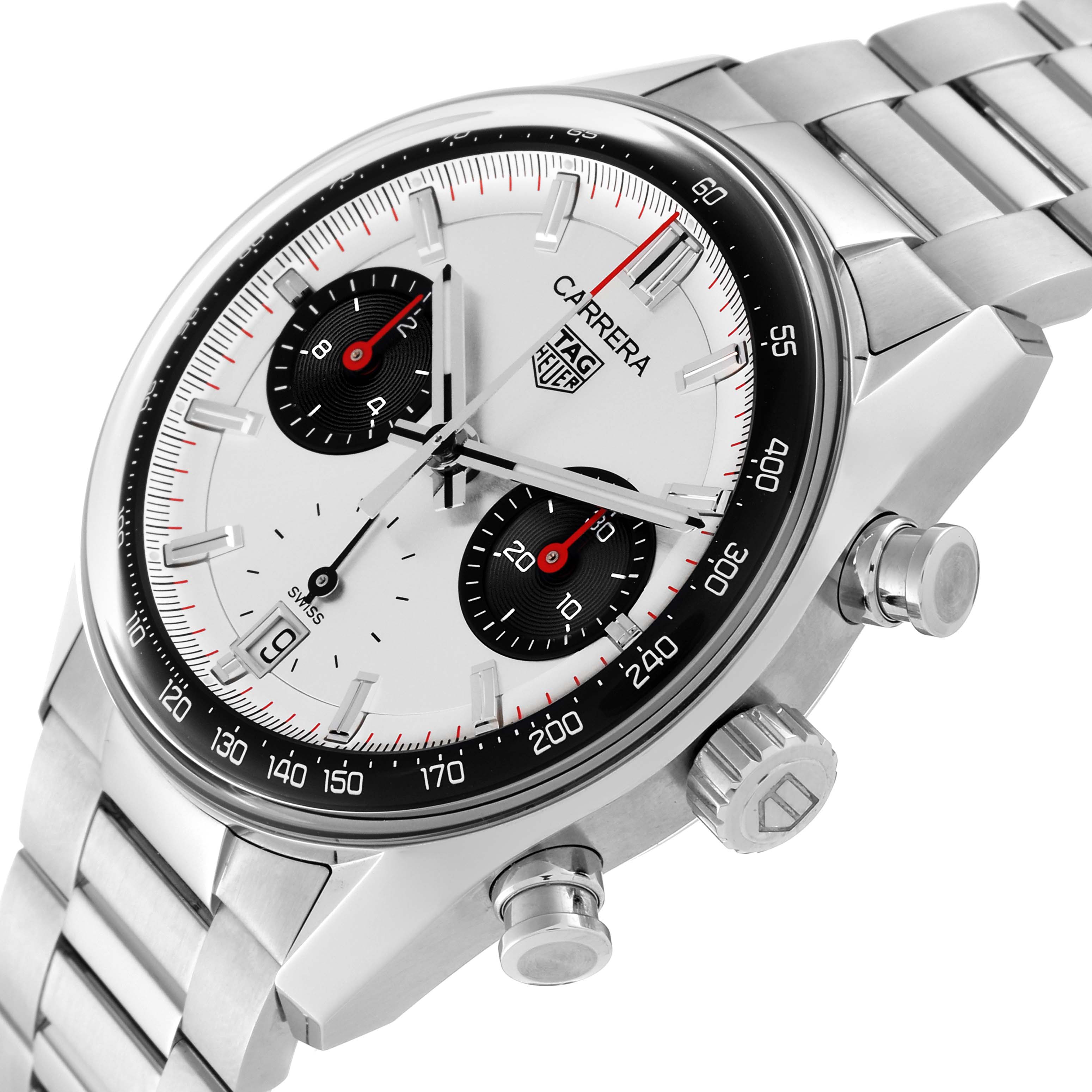 The image shows a Tag Heuer Carrera CBS2216 Men
s Stainless Steel Silver Dial CBS2216 Men
s Stainless Steel Silver Dial watch from an angled side view, highlighting its face, crown, and pushers.
