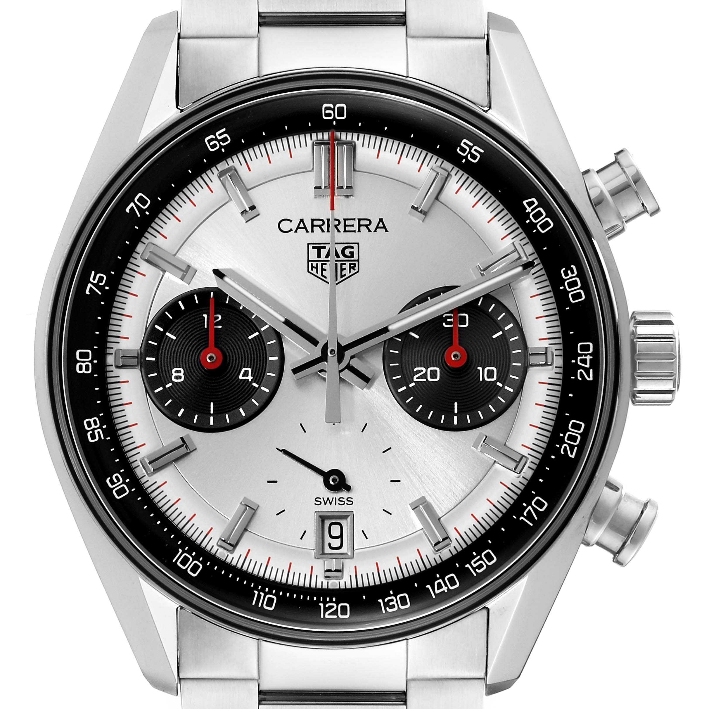 This image shows a Tag Heuer Carrera CBS2216 Men
s Stainless Steel Silver Dial CBS2216 Men
s Stainless Steel Silver Dial model watch displaying its dial, subdials, and bezel at a straight-on angle.