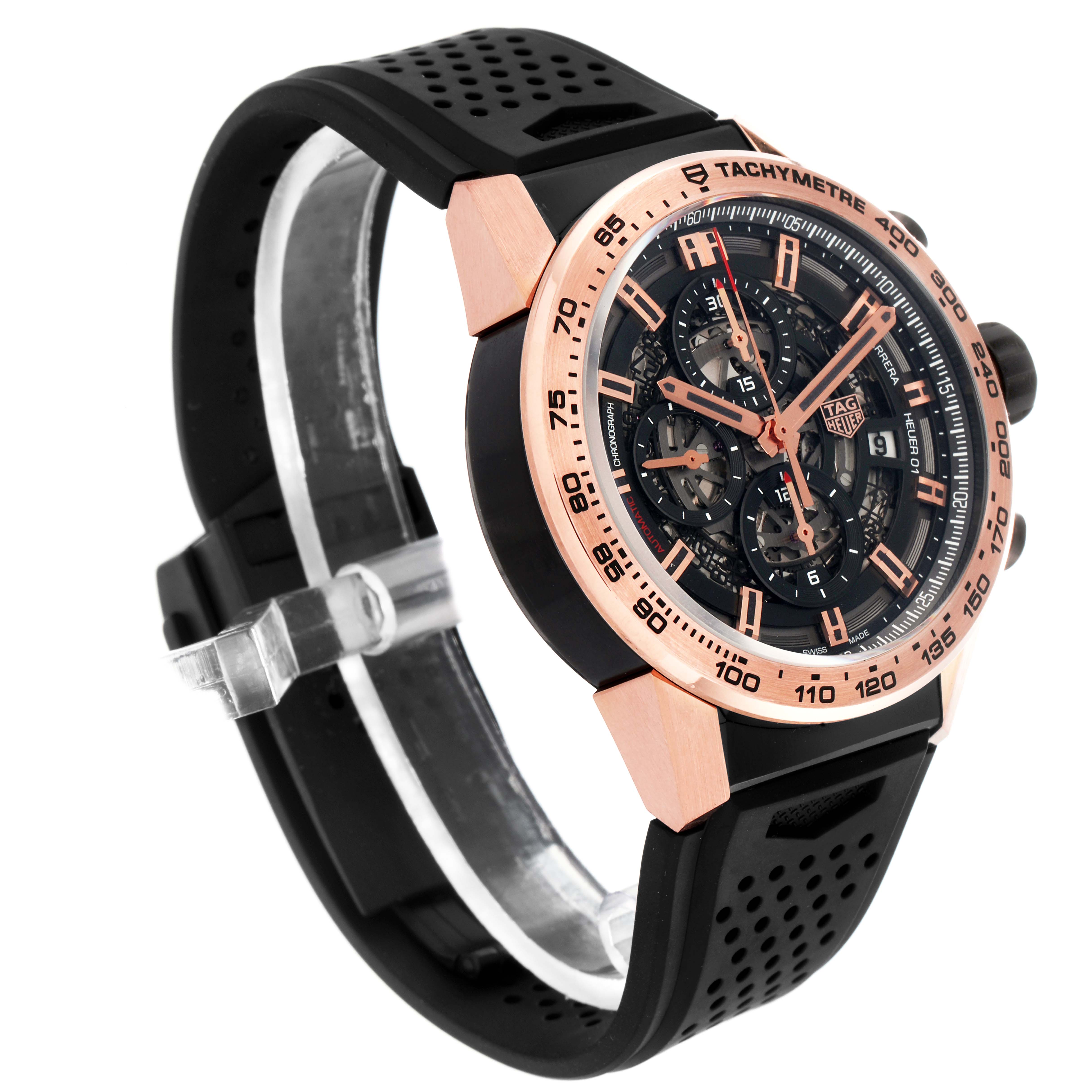 This image shows a side and frontal angle of the Tag Heuer Carrera model CAR205B men's watch, highlighting its rose gold tone bezel, detailed dial, and black strap.