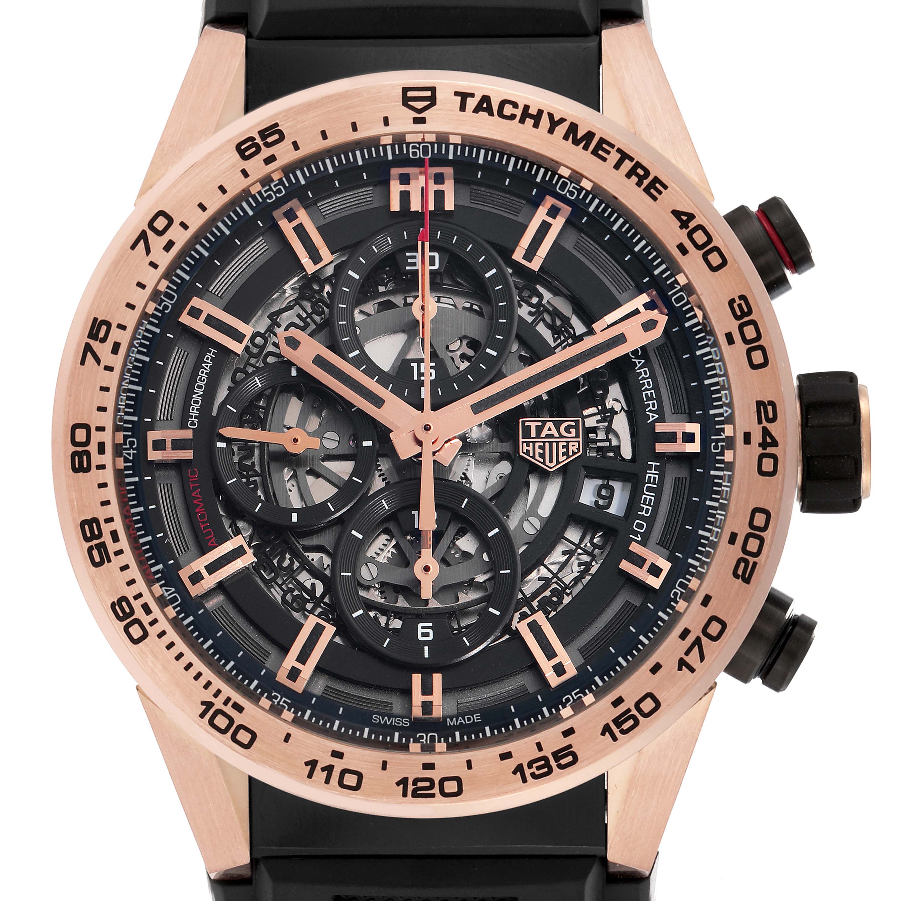 The image shows a frontal view of the Tag Heuer Carrera model CAR205B men's watch, highlighting the dial, tachymeter bezel, and chronograph subdials.