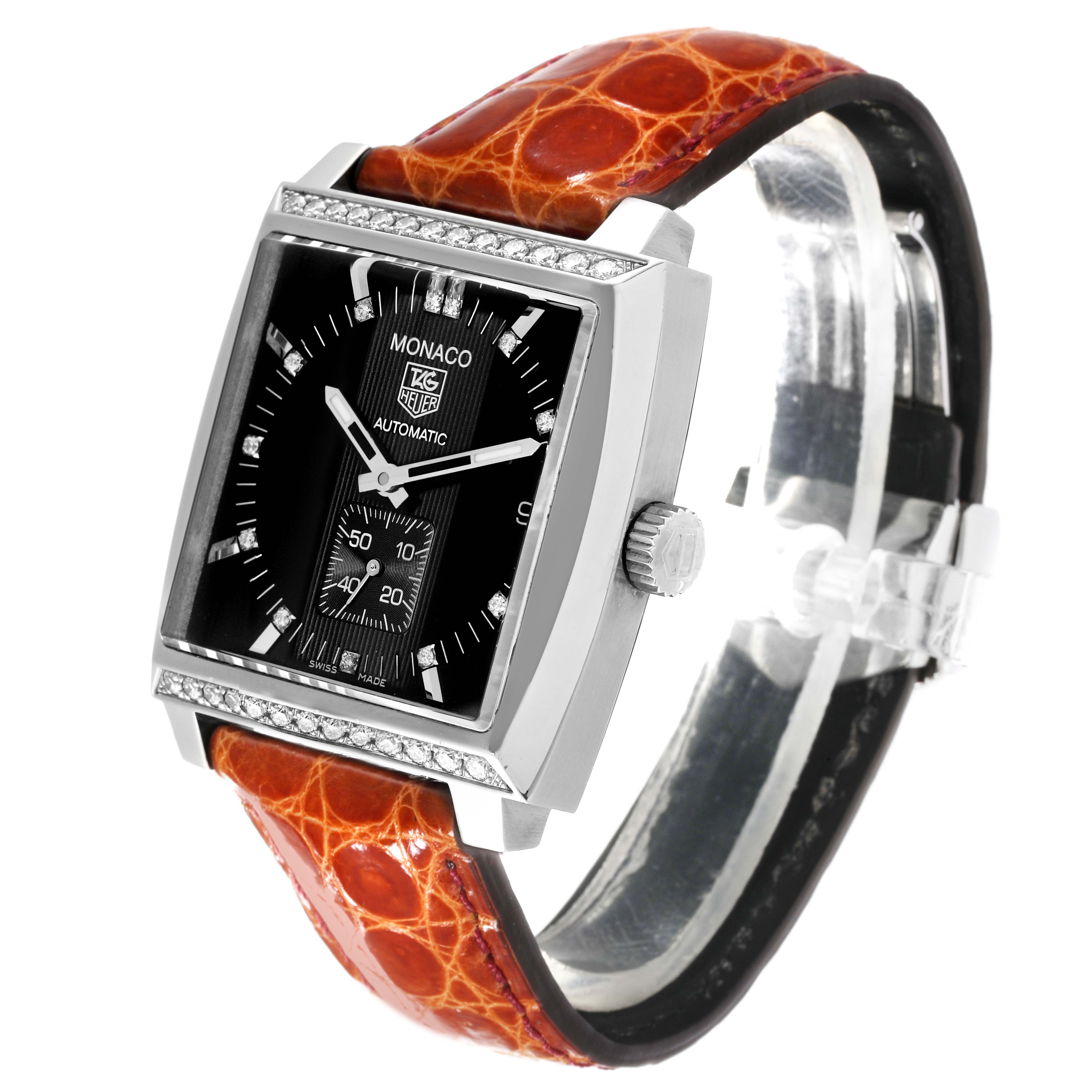 The image shows a front-side view of a Tag Heuer Monaco 63480 Men's Stainless Steel Black Dial 63480 Men's Stainless Steel Black Dial watch with a brown leather strap and black dial.