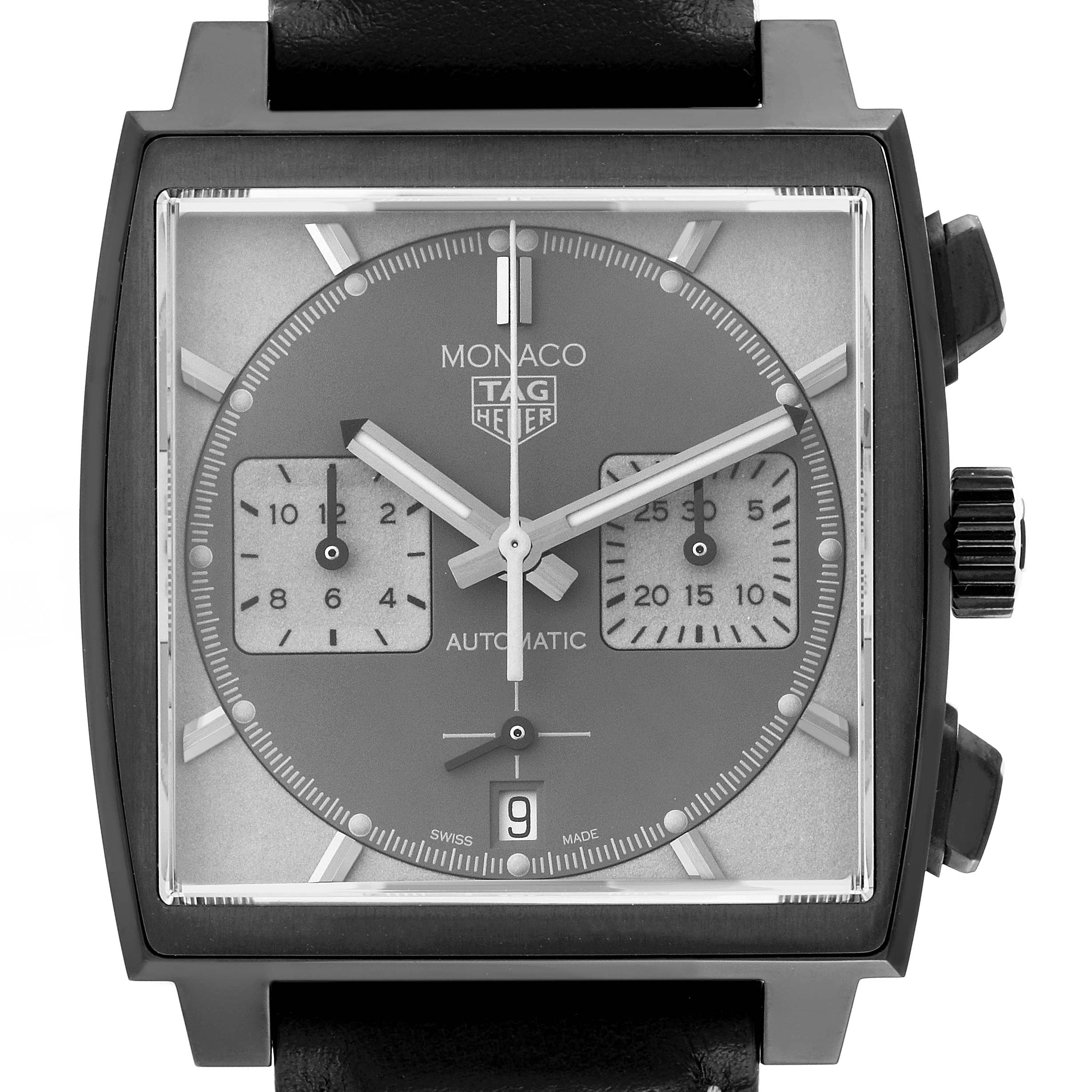 The image shows a front view of a Tag Heuer Monaco CBL2181 Men's Titanium Grey Dial CBL2181 Men's Titanium Grey Dial watch, highlighting its square face, sub-dials, and date display.