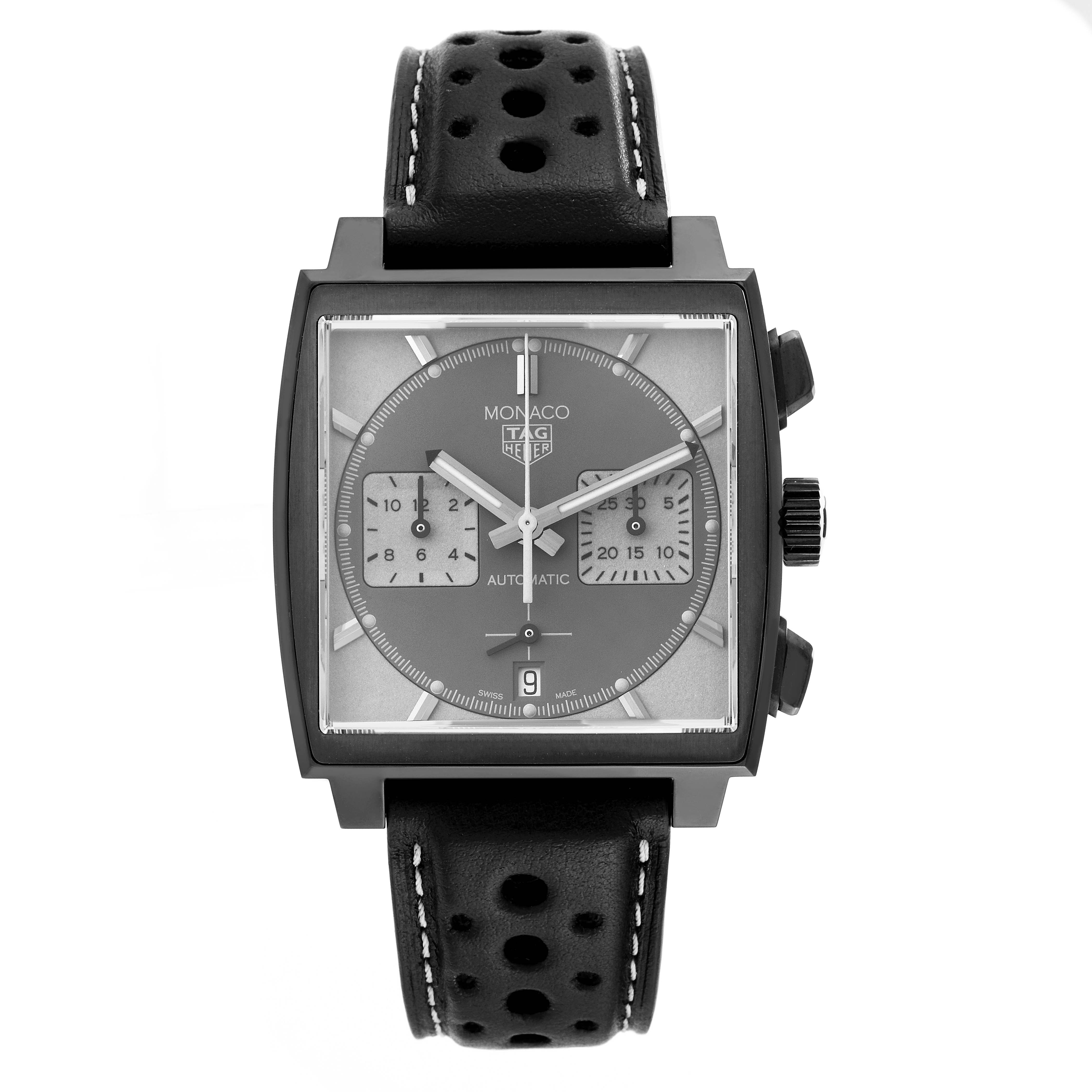 The image shows a front view of the Tag Heuer Monaco CBL2181 Men's Titanium Grey Dial CBL2181 Men's Titanium Grey Dial watch, highlighting its face, buttons, and strap.