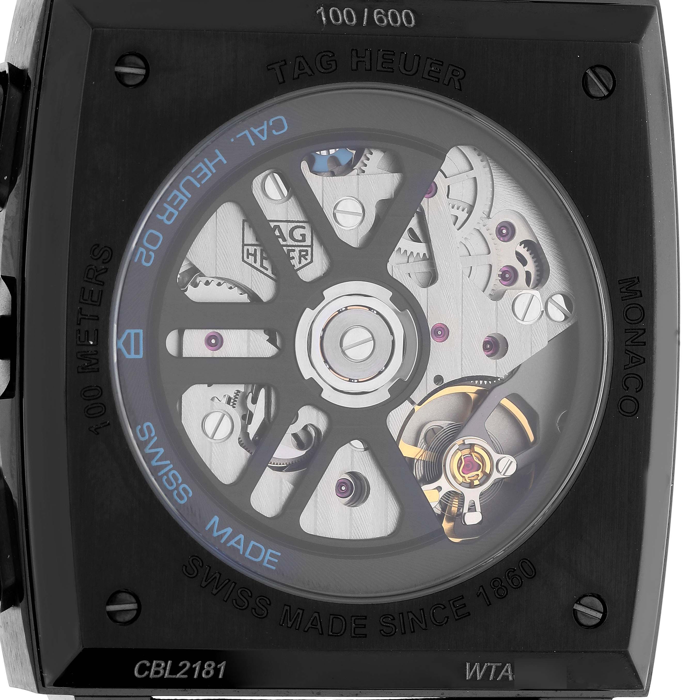 This image shows the back of the Tag Heuer Monaco CBL2181 Men's Titanium Grey Dial CBL2181 Men's Titanium Grey Dial watch, displaying its internal mechanical movements.