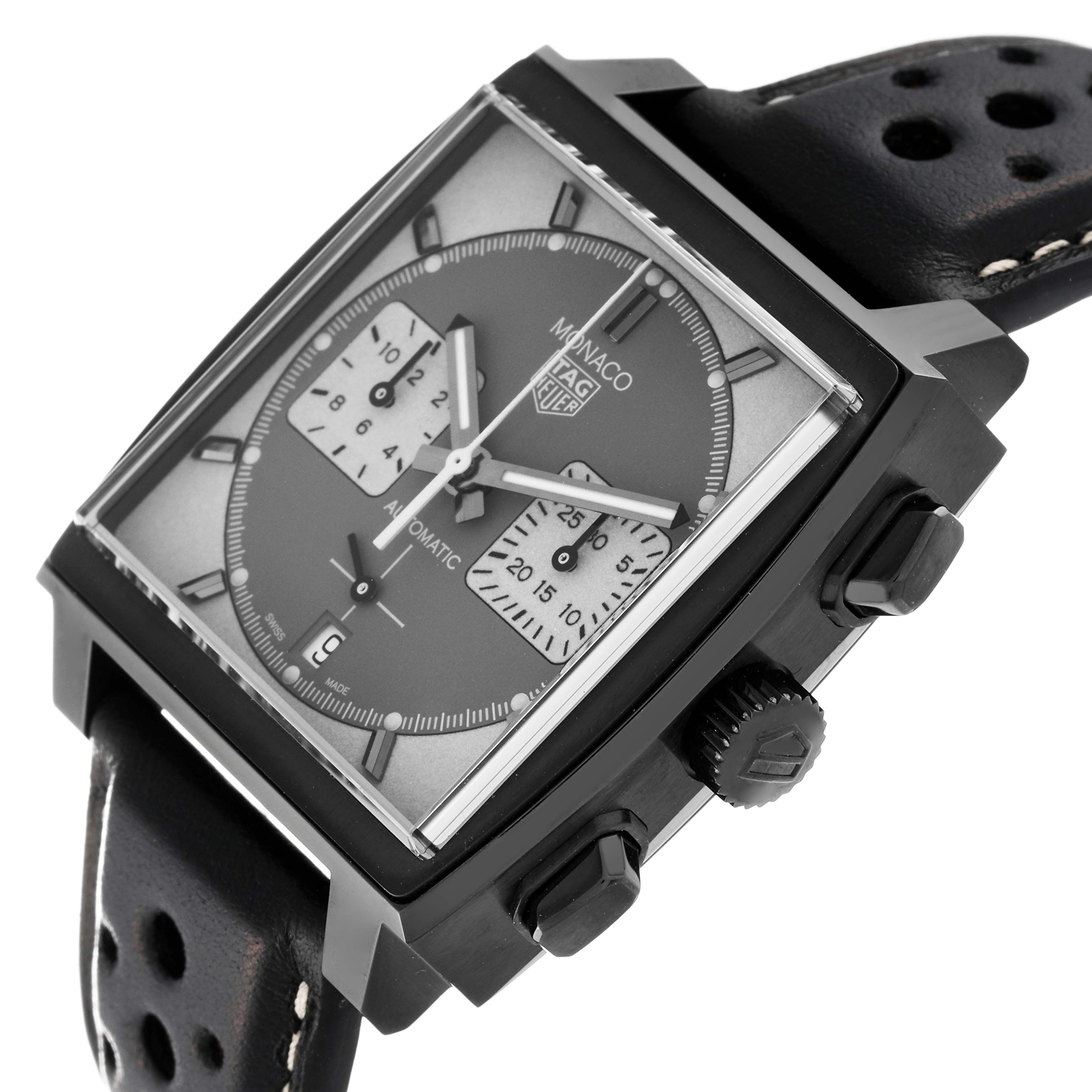 The image shows a Tag Heuer Monaco CBL2181 Men's Titanium Grey Dial CBL2181 Men's Titanium Grey Dial watch at a slight angle, highlighting its square face, sub-dials, crown, pushers, and perforated leather strap.