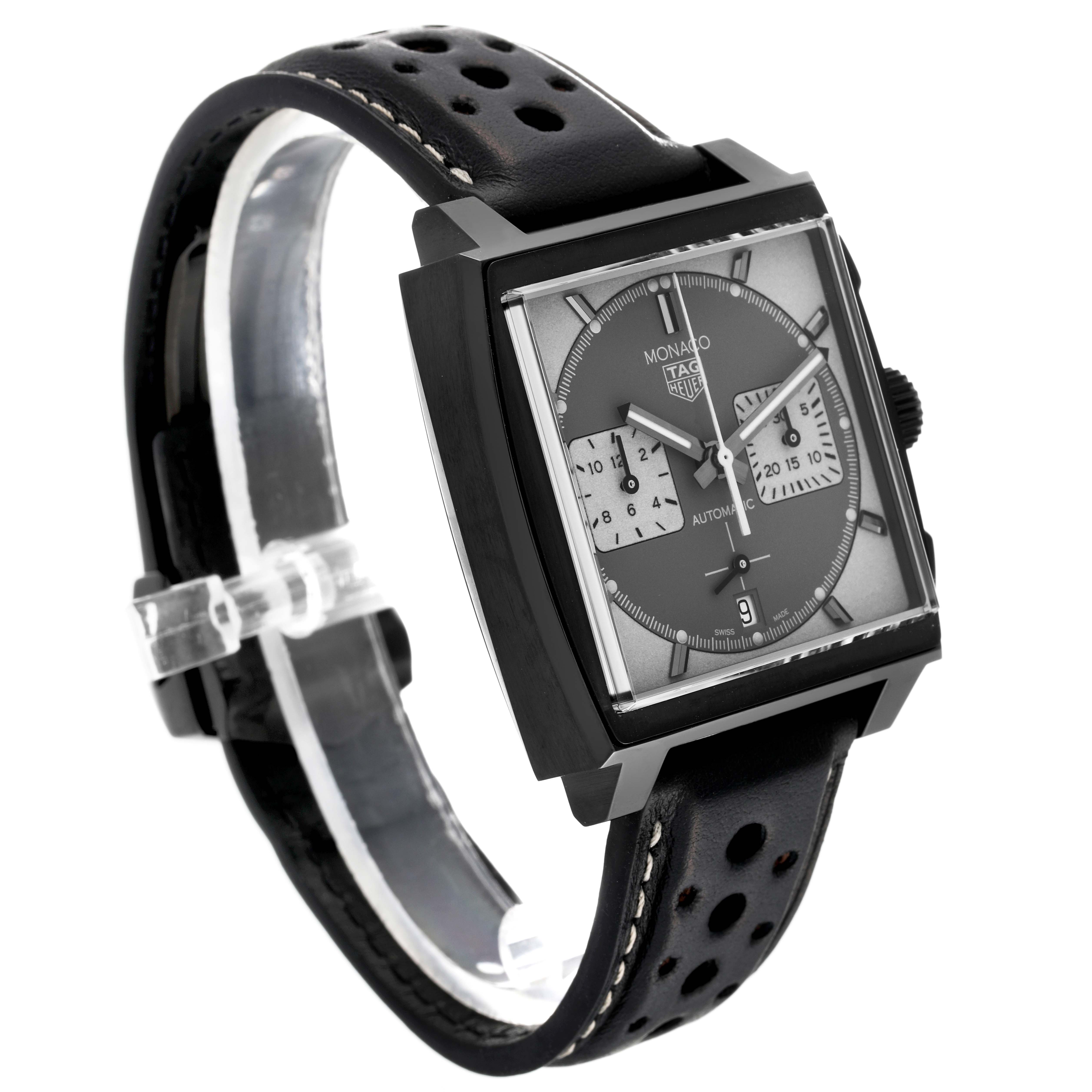 The image shows a side-angle view of the Tag Heuer Monaco CBL2181 Men's Titanium Grey Dial CBL2181 Men's Titanium Grey Dial model watch, highlighting its square face and black leather strap.