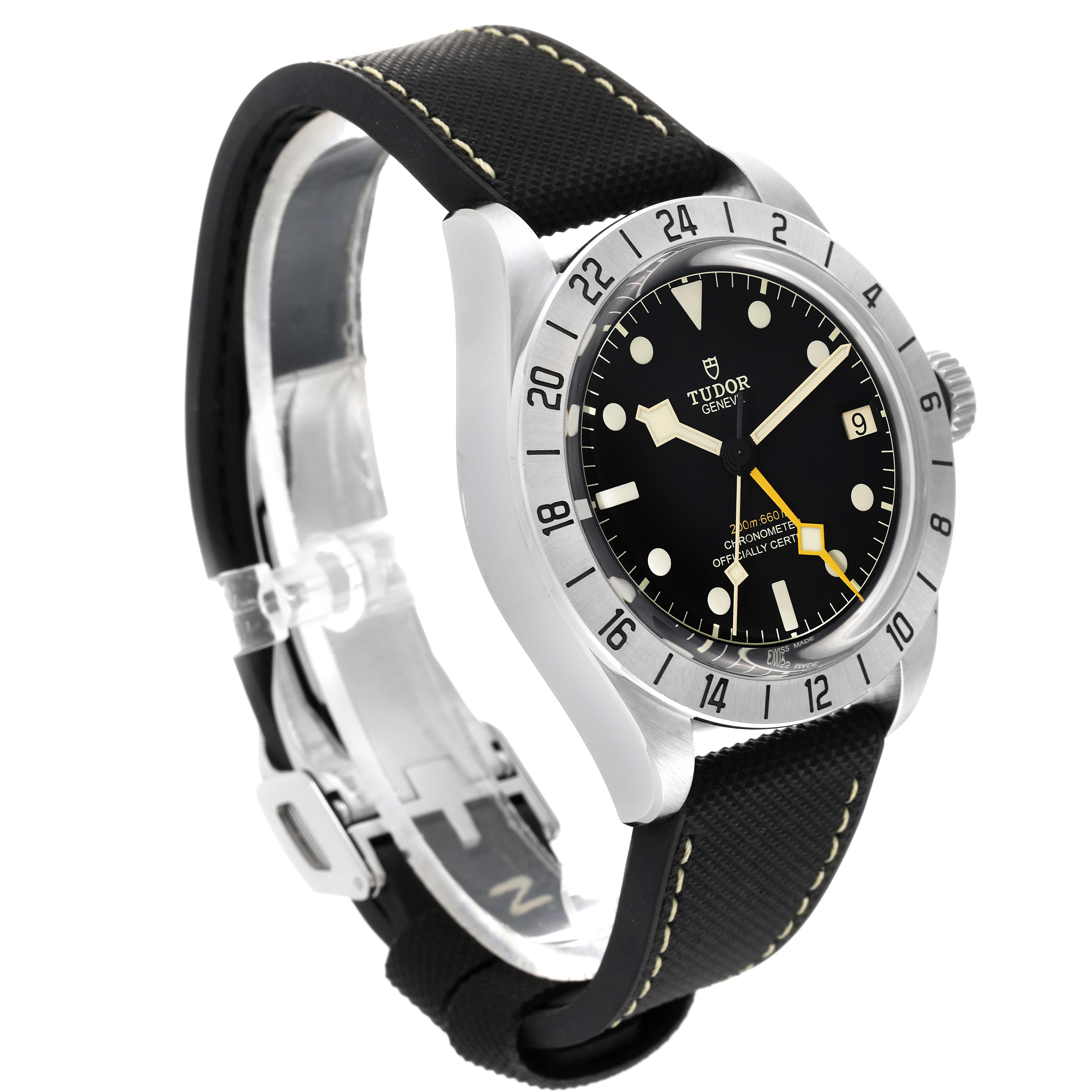This image shows a Tudor Heritage Black Bay 79470 Men
s Stainless Steel Black Dial 79470 Men
s Stainless Steel Black Dial watch at a three-quarter angle, highlighting its bezel, dial, and strap.