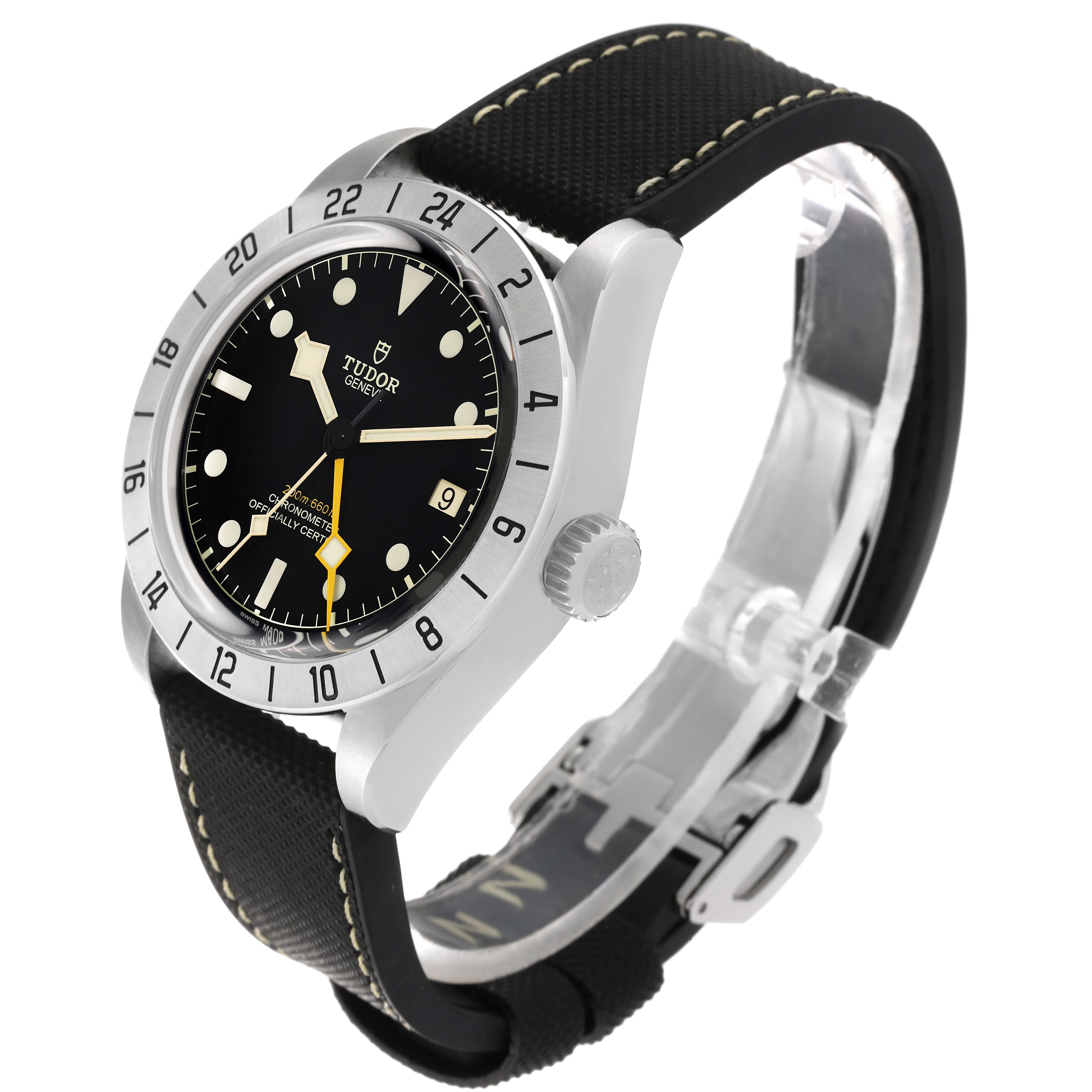 The image shows a side angle of the Tudor Heritage Black Bay 79470 Men
s Stainless Steel Black Dial 79470 Men
s Stainless Steel Black Dial watch, highlighting its bezel, crown, dial, and strap.