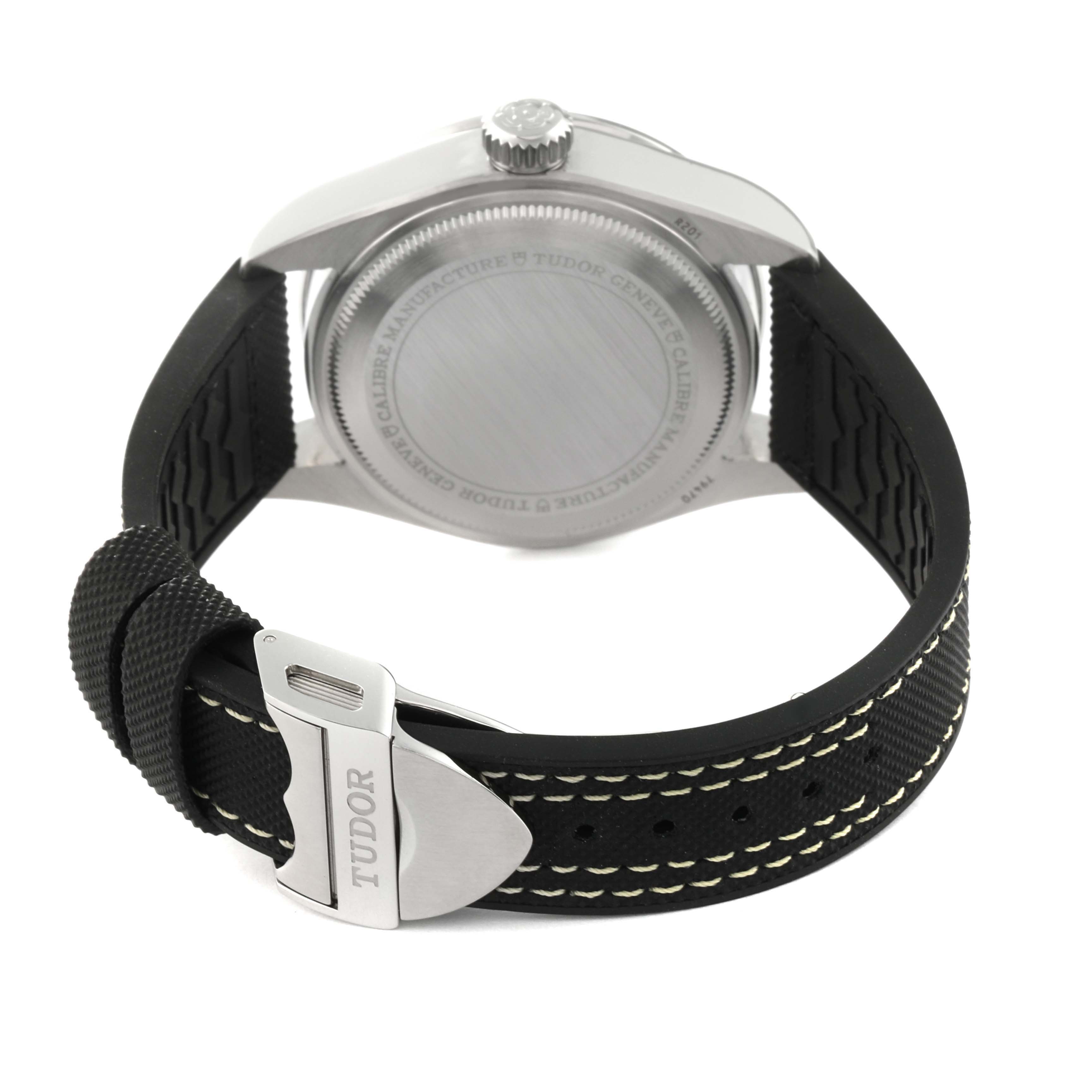 The image shows the back case and strap of a Tudor Heritage Black Bay 79470 Men
s Stainless Steel Black Dial 79470 Men
s Stainless Steel Black Dial watch from a rear angle.