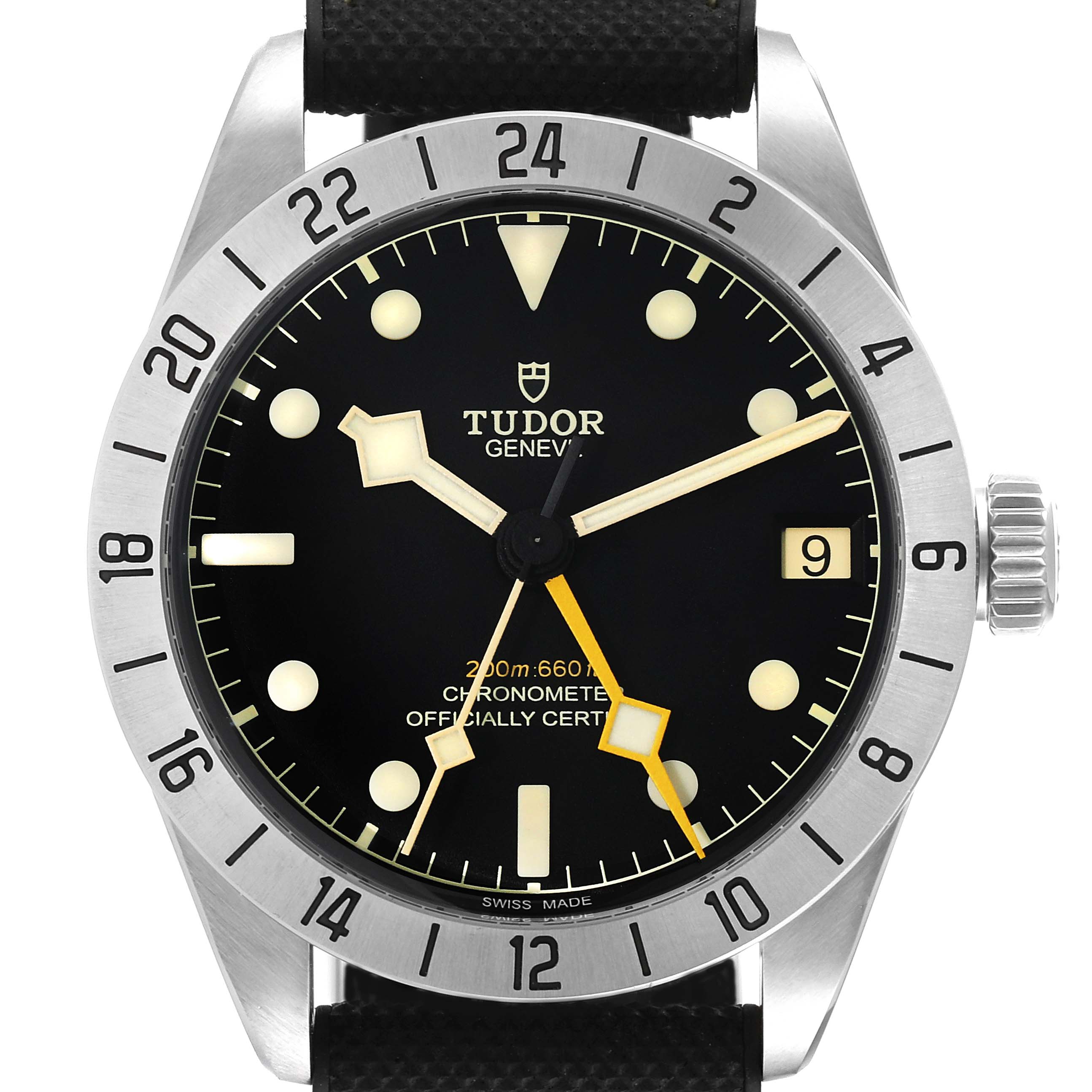 This image shows a front view of the Tudor Heritage Black Bay 79470 Men
s Stainless Steel Black Dial 79470 Men
s Stainless Steel Black Dial watch face, bezel, and crown.