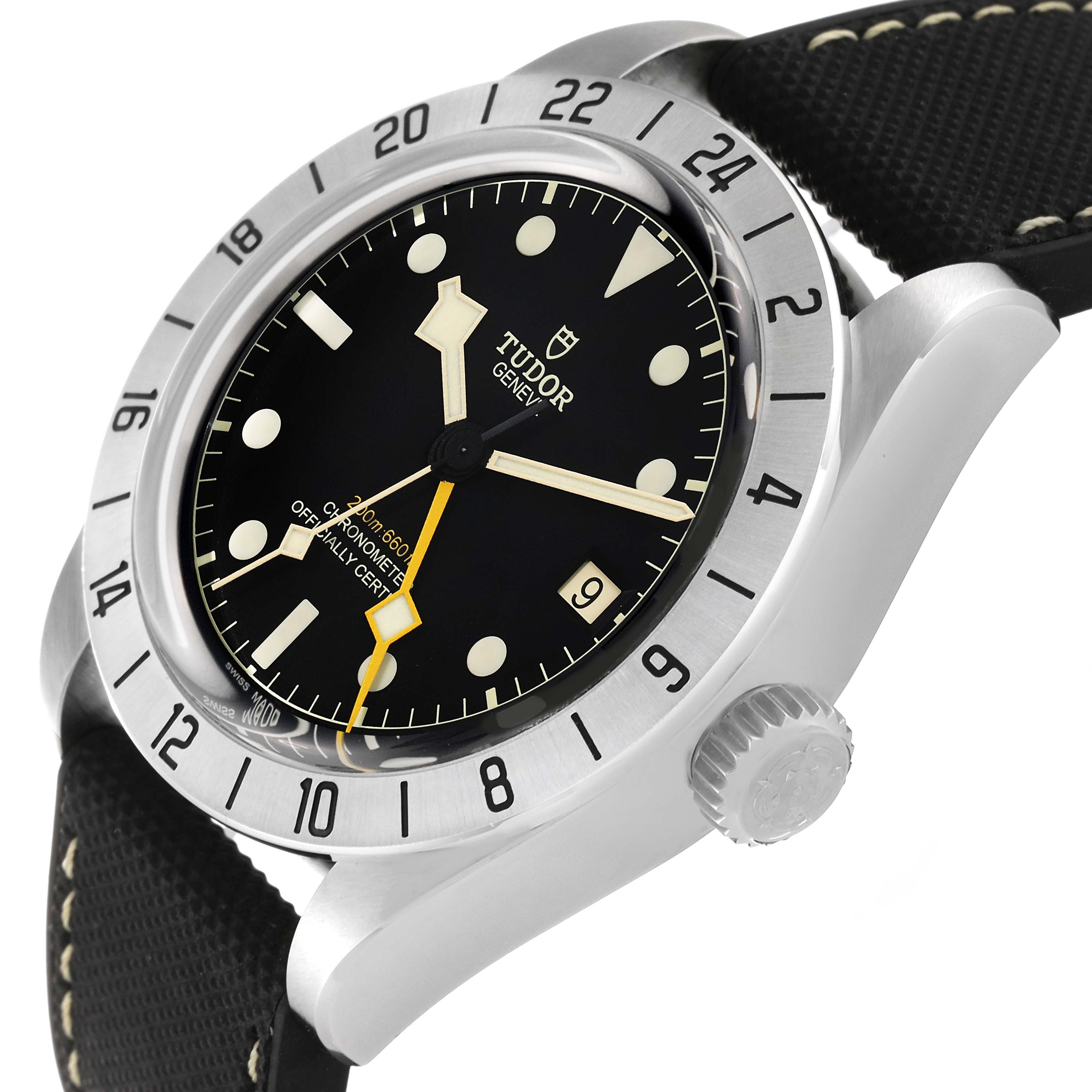 The image shows a close-up of the Tudor Heritage Black Bay 79470 Men
s Stainless Steel Black Dial 79470 Men
s Stainless Steel Black Dial watch, highlighting its bezel, dial, crown, and strap.