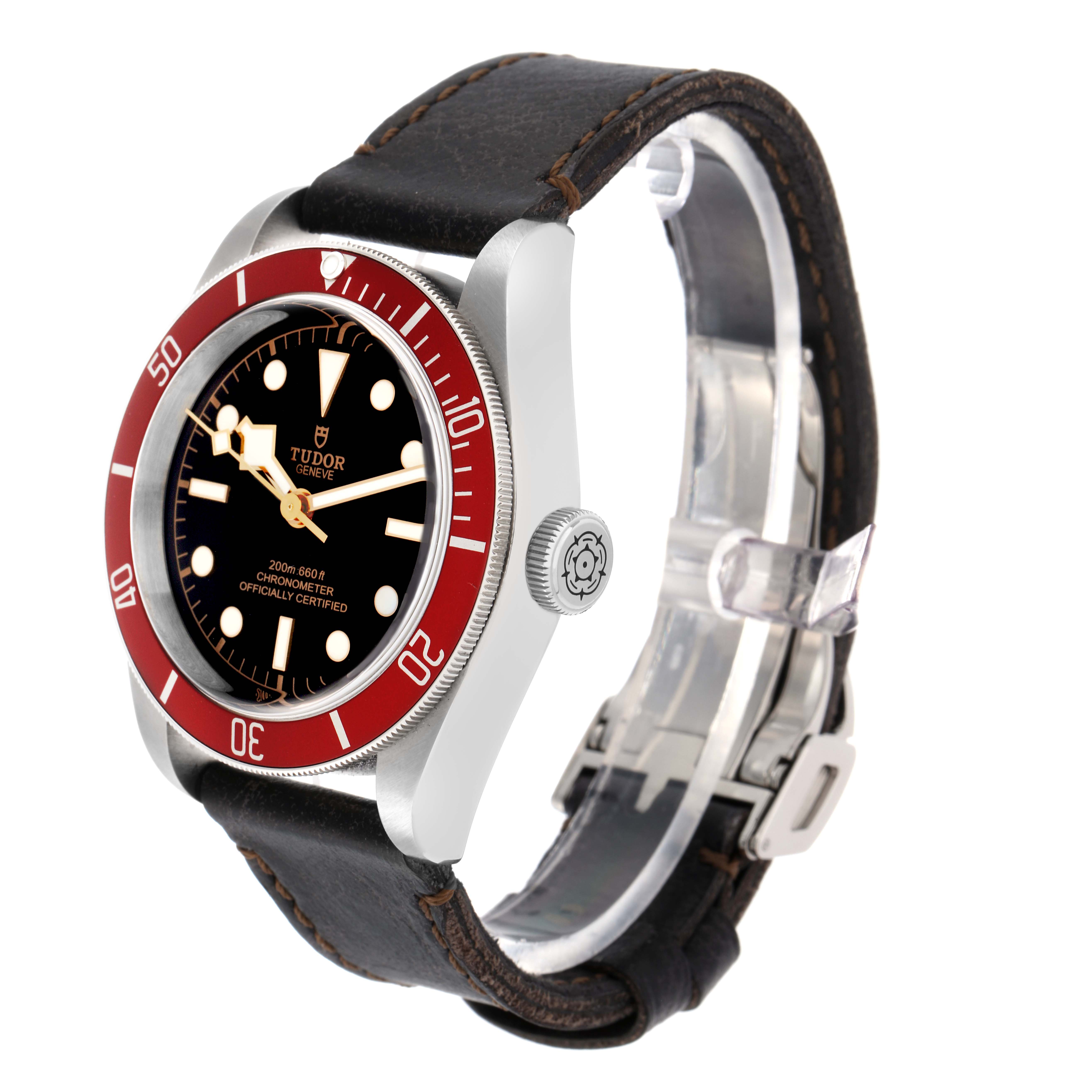 The image shows a side angle of the Tudor Heritage Black Bay model, model number 79230R, featuring its bezel, crown, and leather strap.