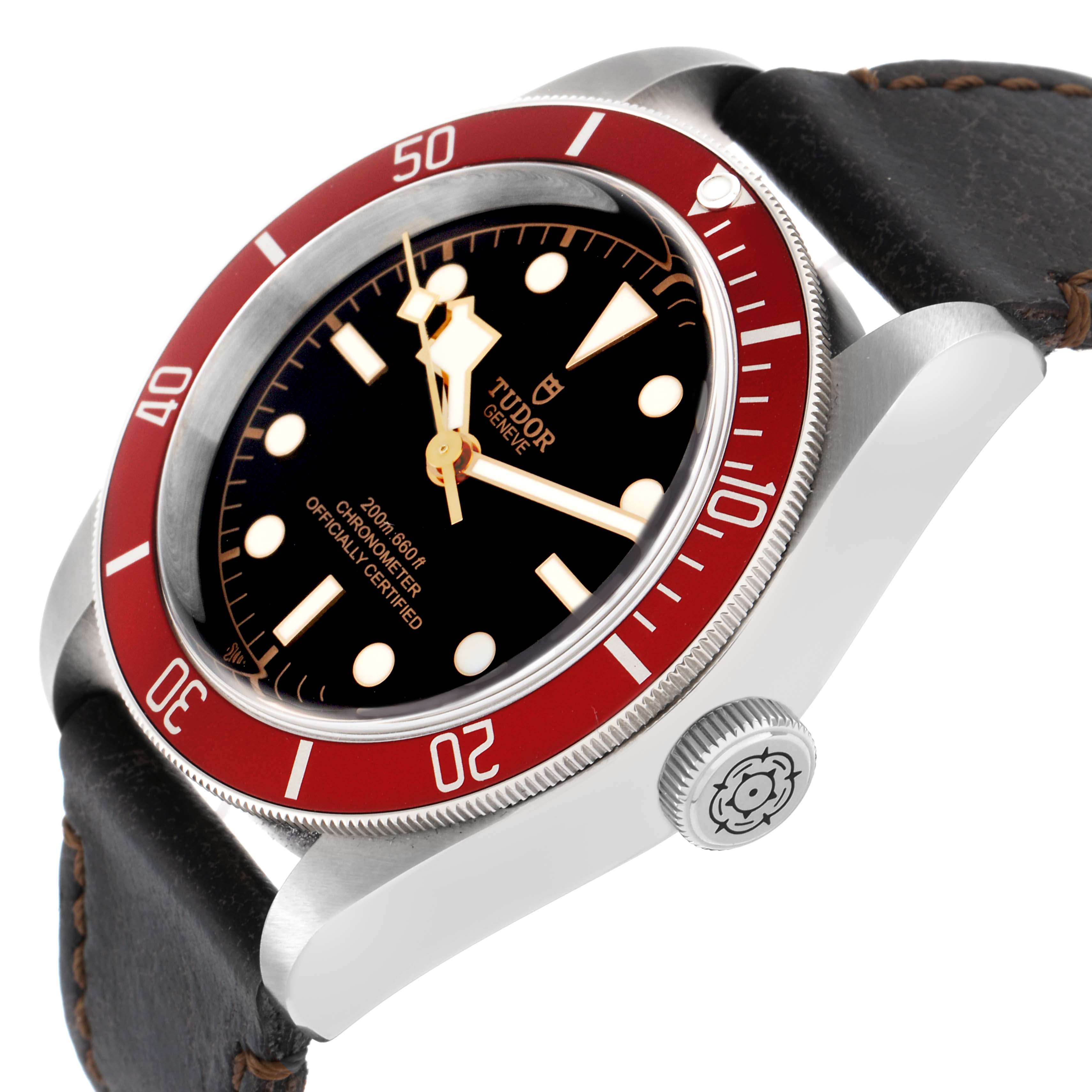 The Tudor Heritage Black Bay model 79230R is shown at a slight side angle, highlighting the red bezel, crown with logo, black dial, and leather strap.