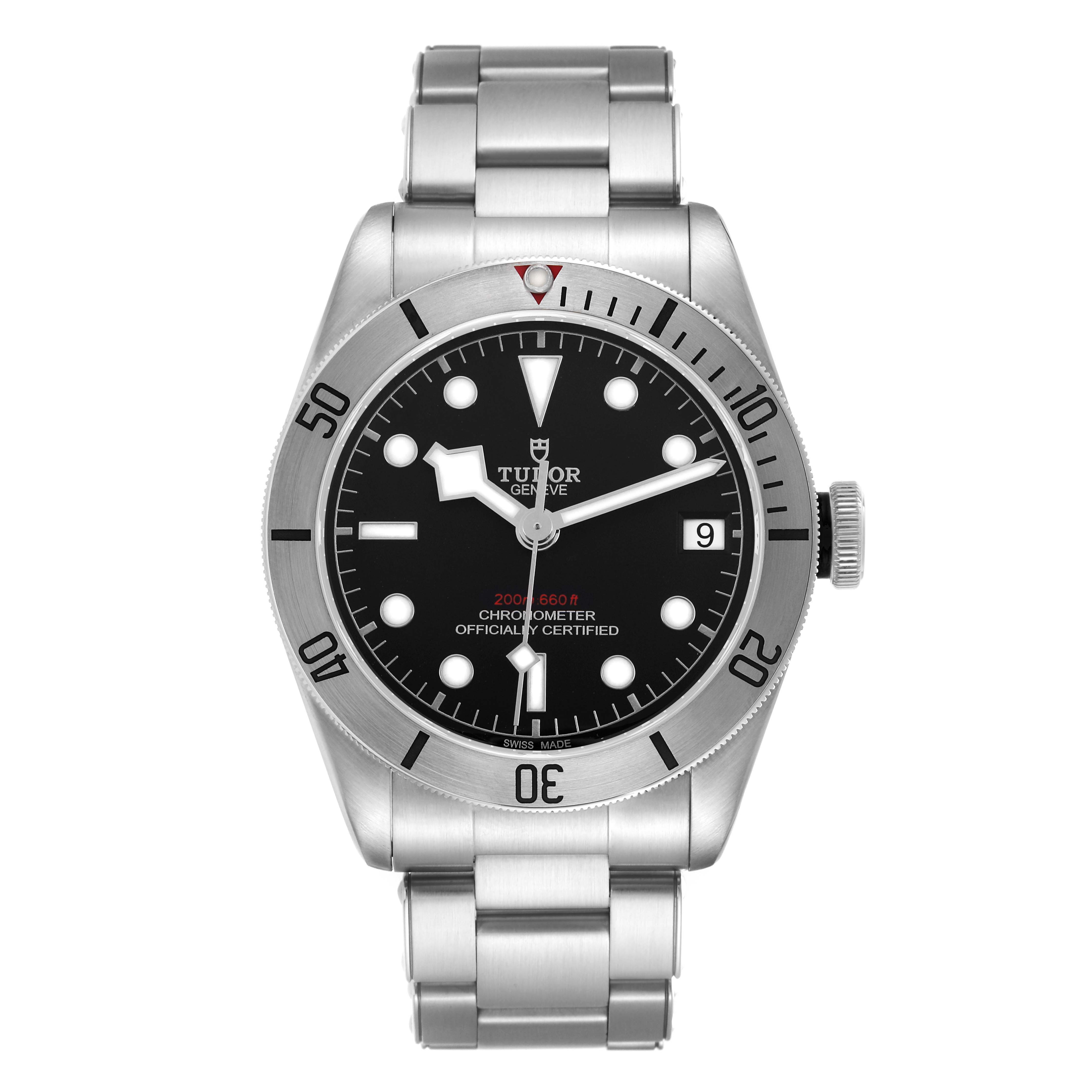 The Tudor Heritage Black Bay M79730-003 Men's Stainless Steel Black Dial watch is shown from a top view, highlighting its dial, bezel, bracelet, and date window.