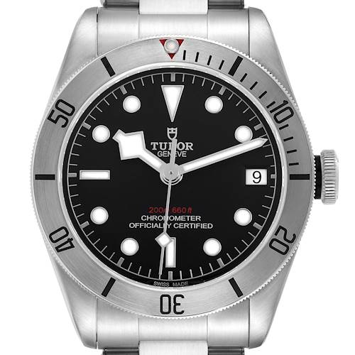 The Tudor Heritage Black Bay M79730-003 Men's Stainless Steel Black Dial watch is shown from a front angle, displaying the dial, bezel, crown, and part of the bracelet.