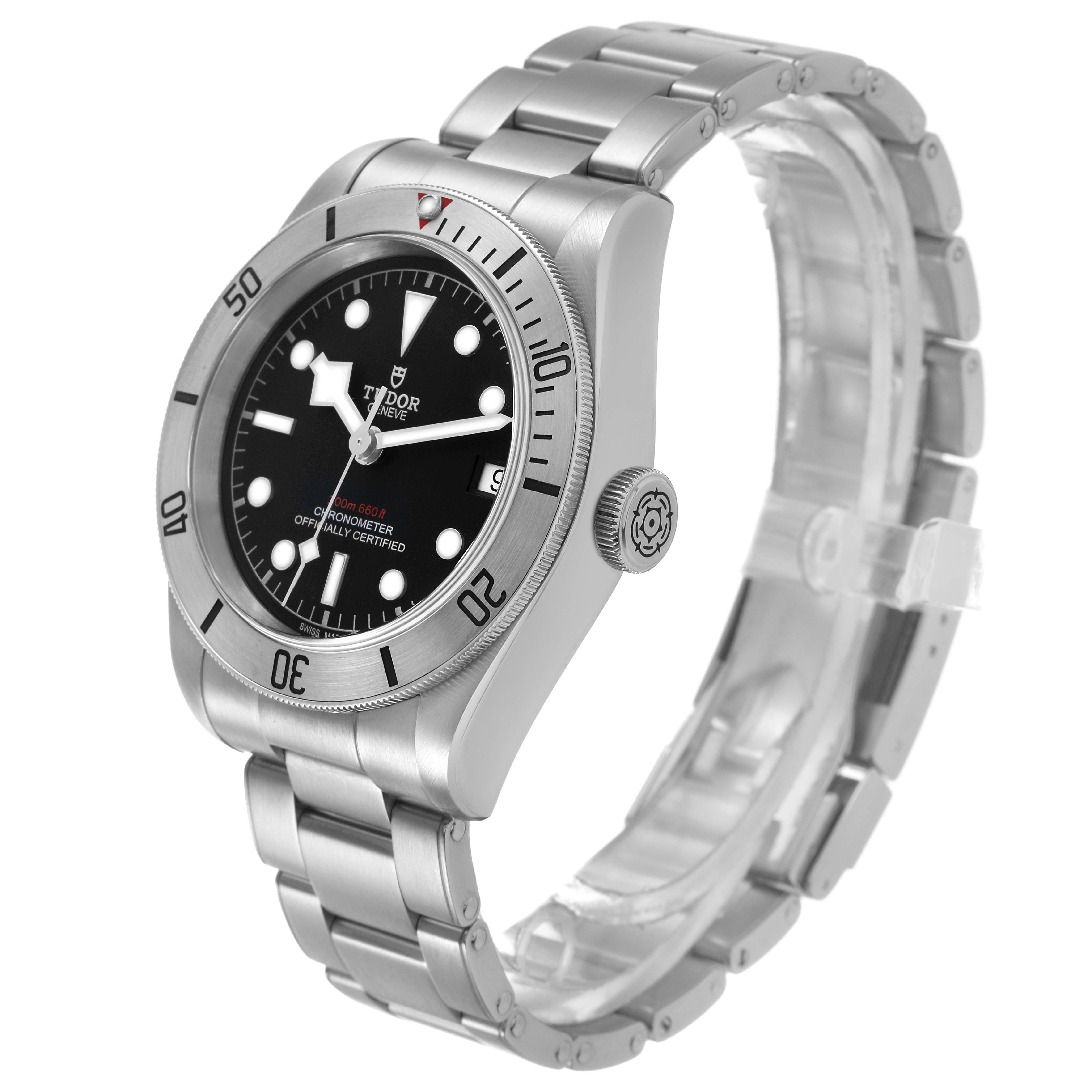 The Tudor Heritage Black Bay M79730-003 Men's Stainless Steel Black Dial watch is shown at a slight angle, displaying the dial, bezel, crown, and bracelet.