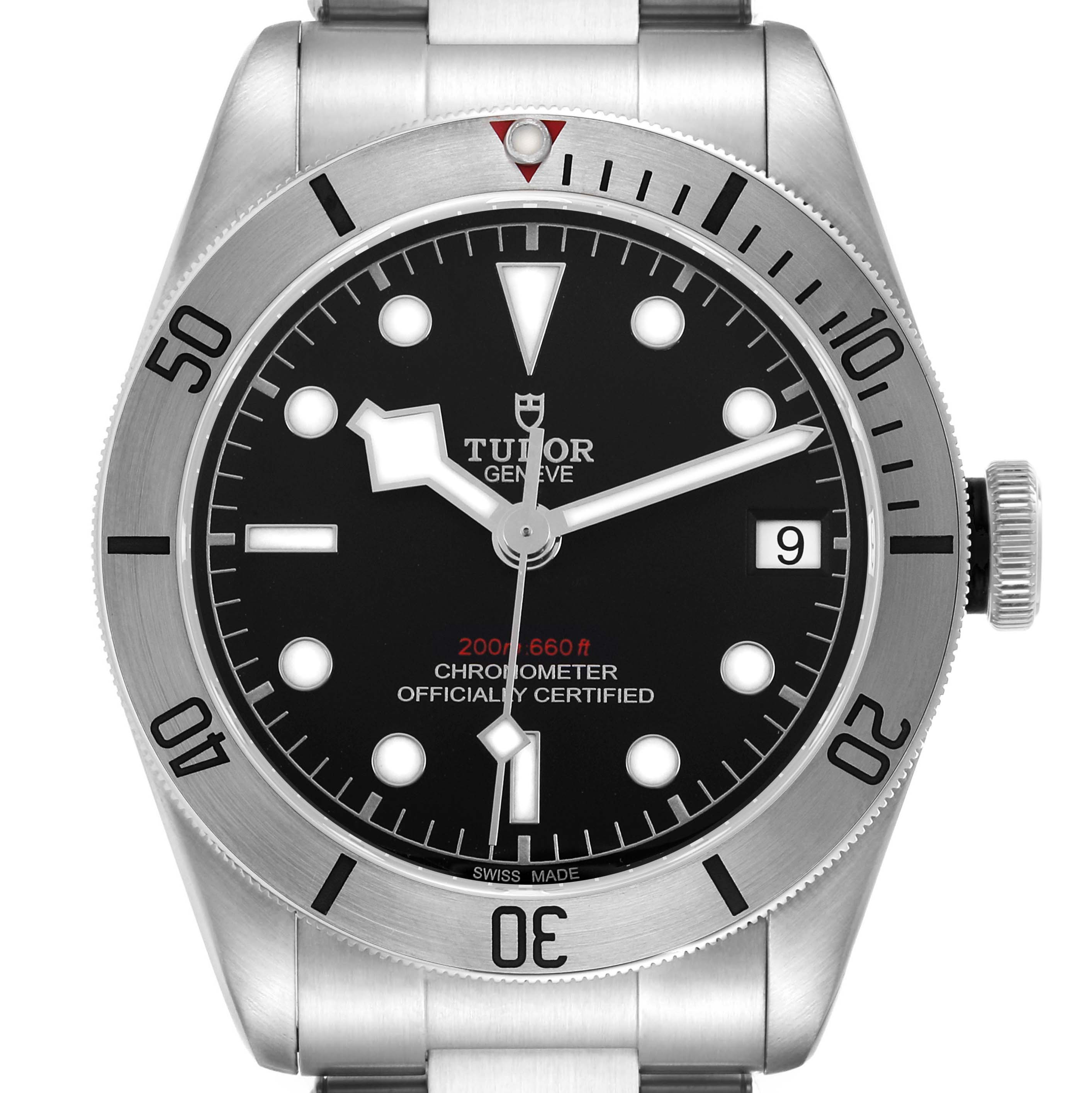 The Tudor Heritage Black Bay M79730-003 Men's Stainless Steel Black Dial watch is shown from a top-down angle, displaying its face, bezel, and crown.