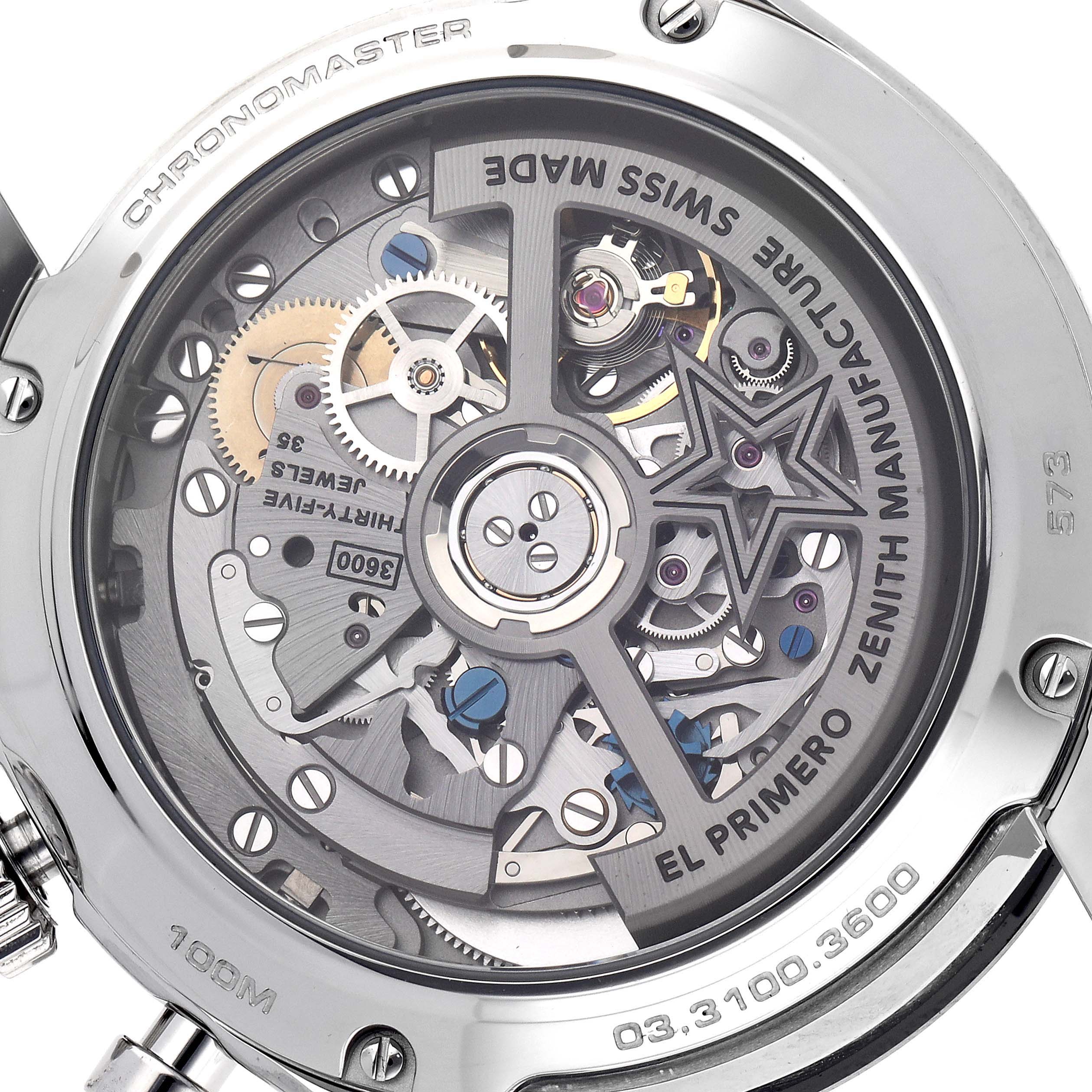 The image shows the Zenith Chronomaster 03.3100.3600/21.M3100 from the back, highlighting its open case back and internal movement details.