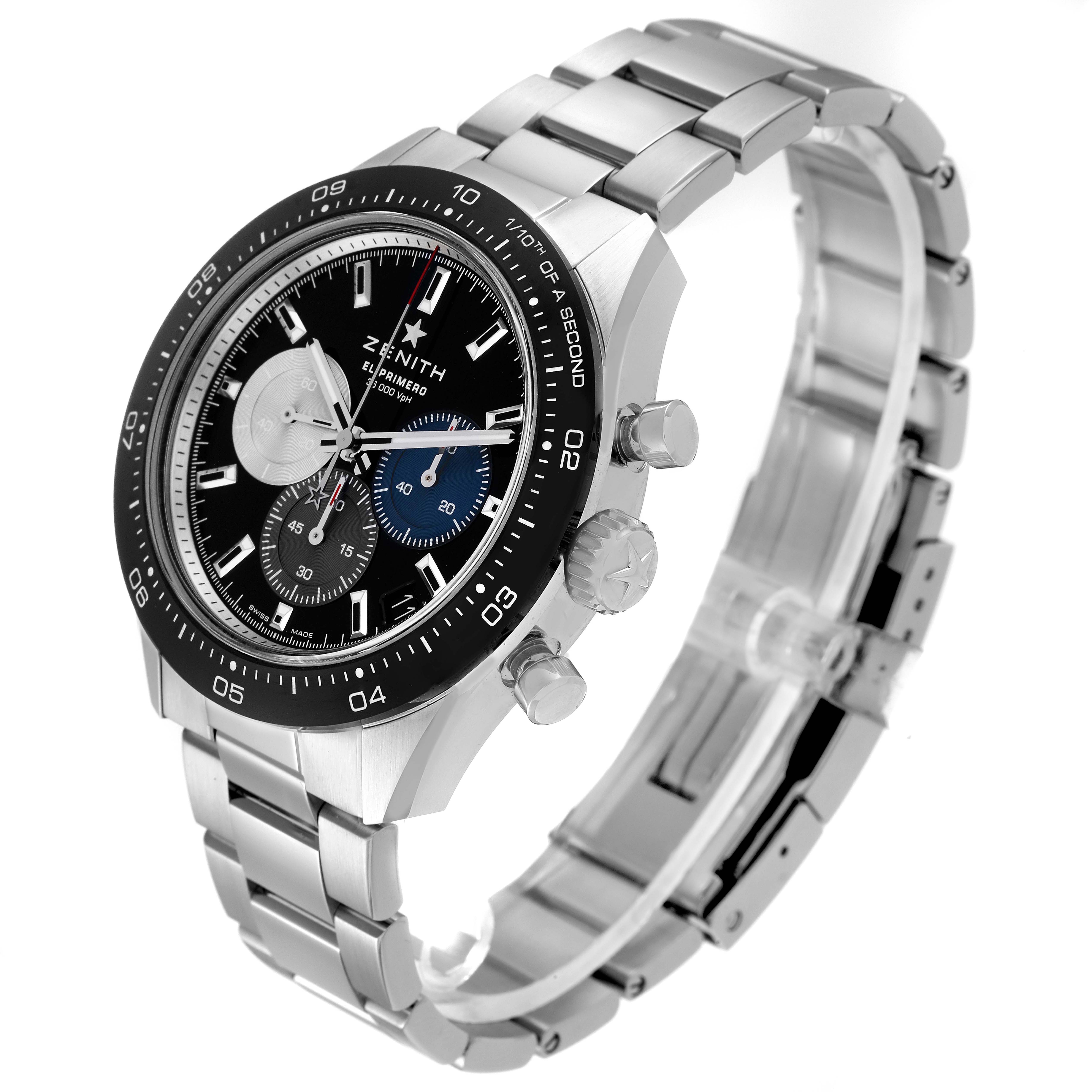 The Zenith Chronomaster model 03.3100.3600/21.M3100 is shown at a three-quarter angle, highlighting the dial, bezel, crown, pushers, and metal bracelet.