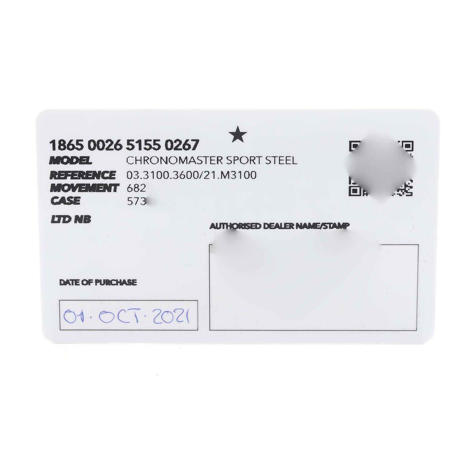 The image shows the warranty card for a Zenith Chronomaster model 03.3100.3600/21.M3100, detailing model, reference, movement, and case numbers.