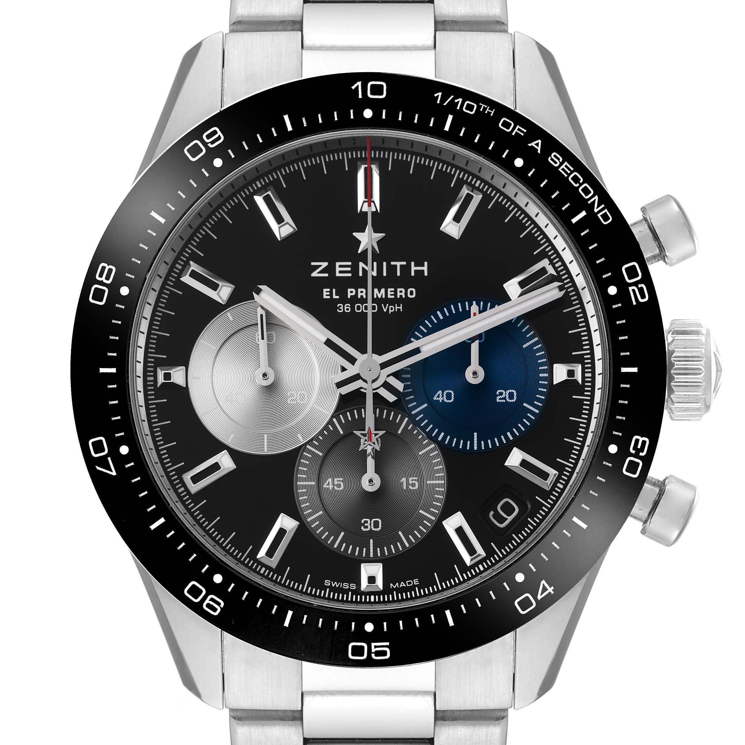 The Zenith Chronomaster model 03.3100.3600/21.M3100 is shown from a front angle, highlighting its black dial, three sub-dials, bezel, and stainless steel bracelet.