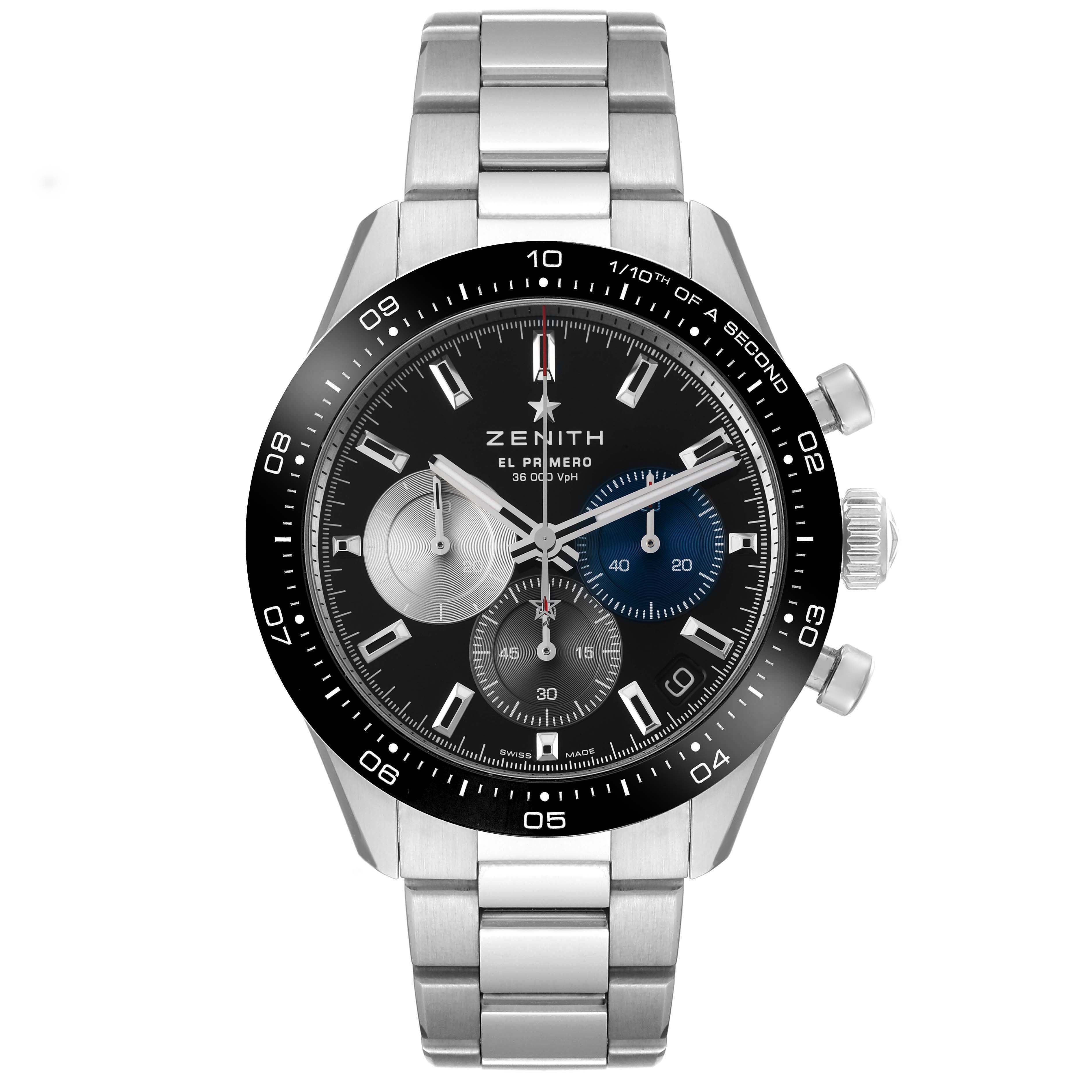 The Zenith Chronomaster 03.3100.3600/21.M3100 is shown from a front angle, highlighting its dial, subdials, bezel, crown, and stainless steel bracelet.