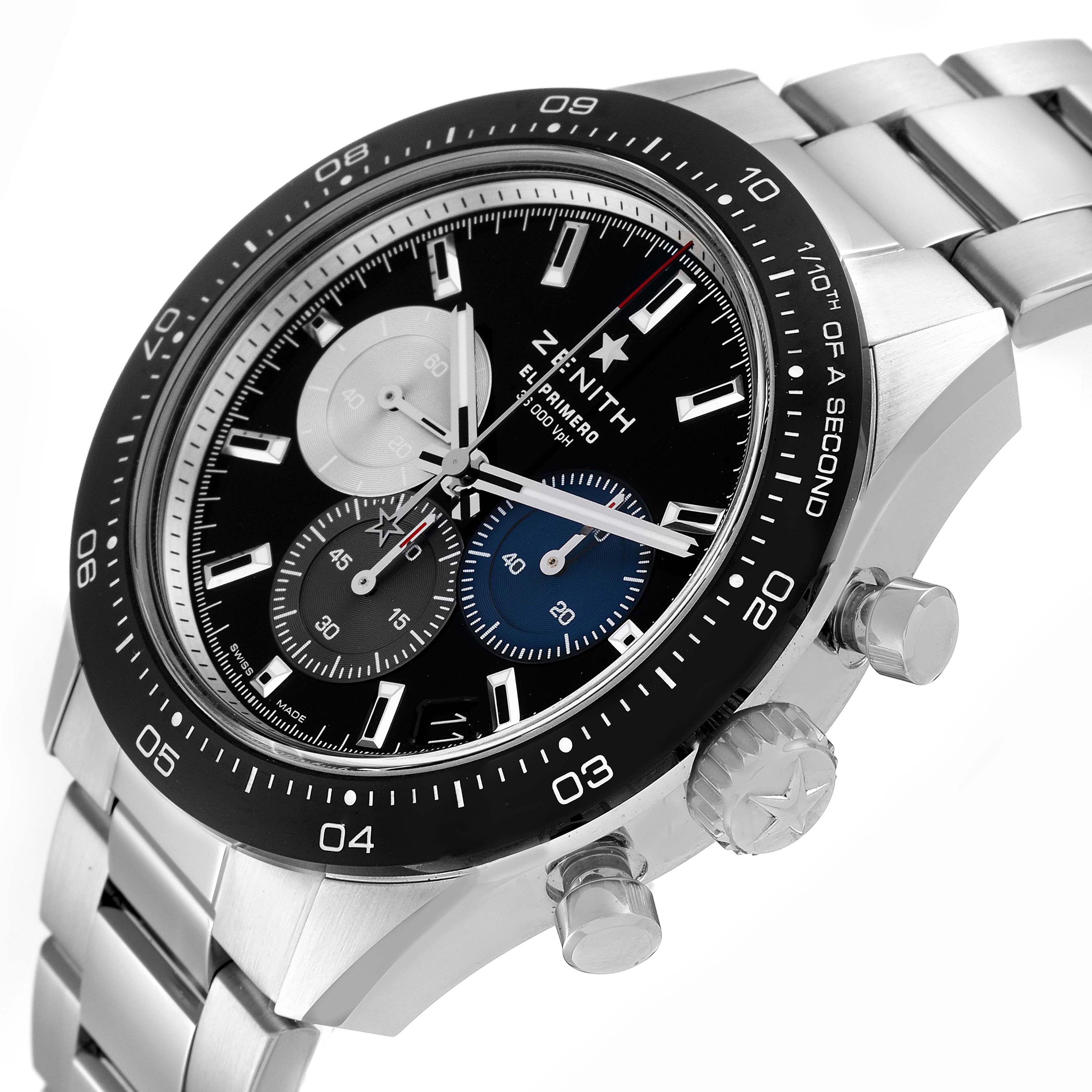 The Zenith Chronomaster model 03.3100.3600/21.M3100 watch is shown at an angle highlighting its bezel, dial, chronograph sub-dials, and stainless steel bracelet.