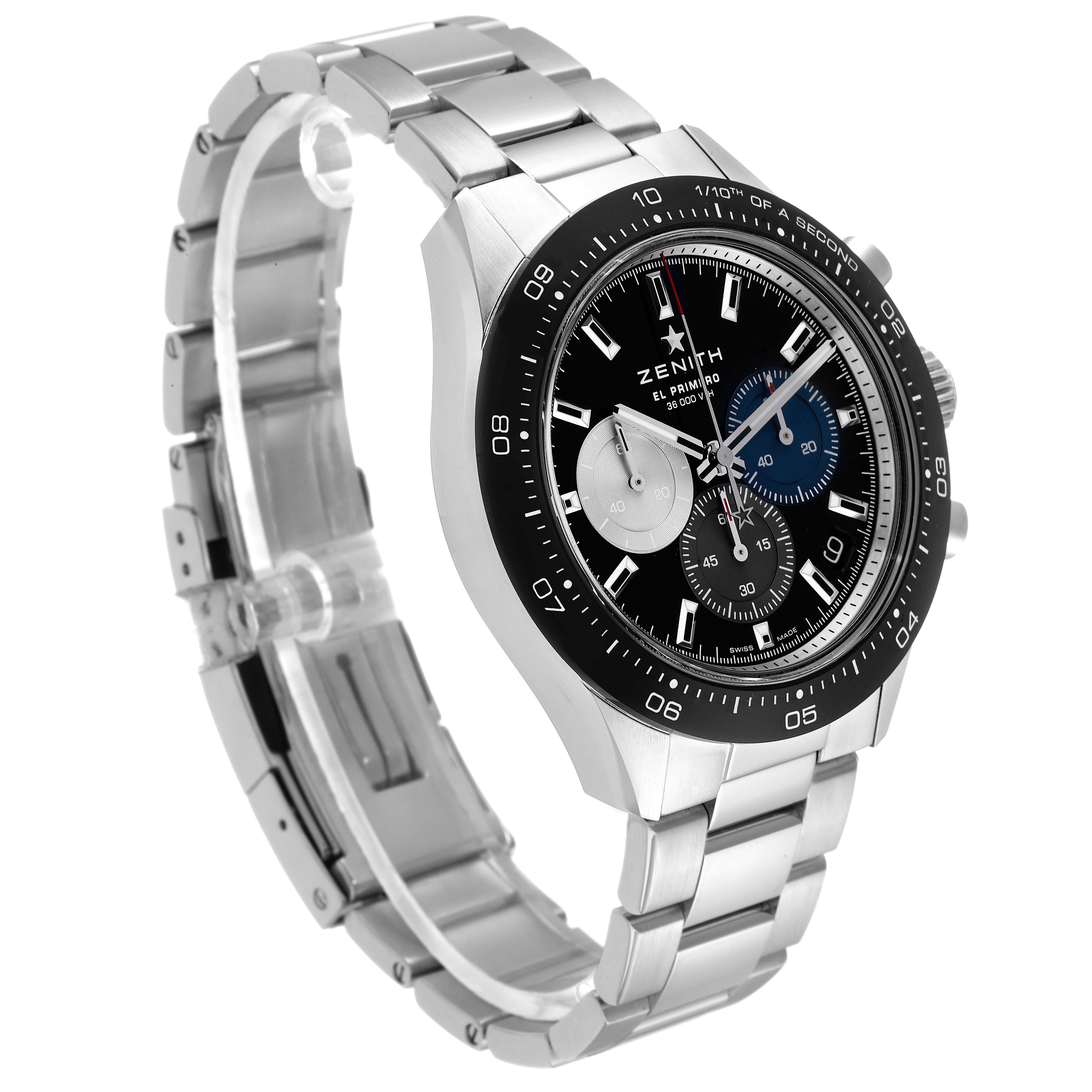 The Zenith Chronomaster model 03.3100.3600/21.M3100 is shown at an angled view, displaying its stainless steel bracelet, bezel, and chronograph dial.