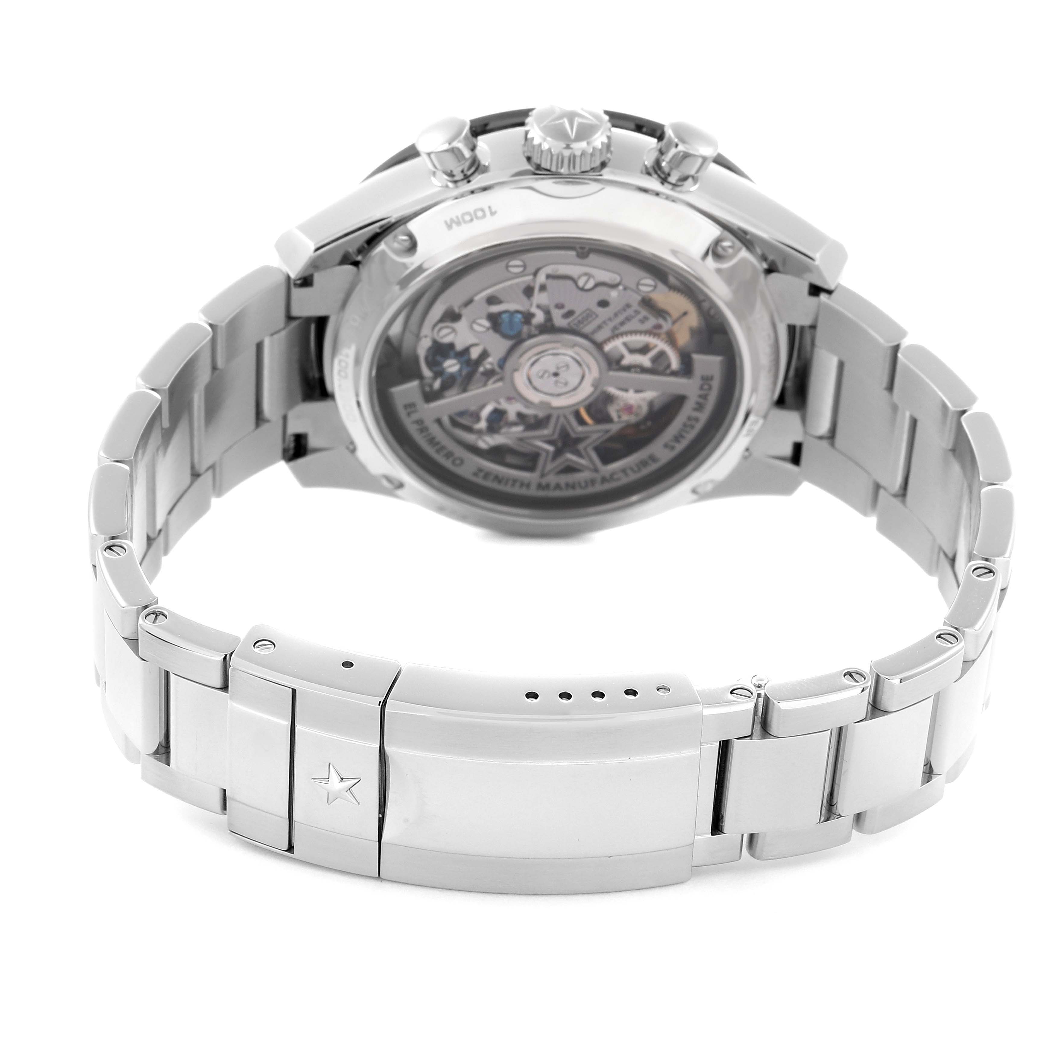 The image shows the back view of the Zenith Chronomaster model 03.3100.3600/21.M3100, highlighting the case back and stainless steel bracelet.