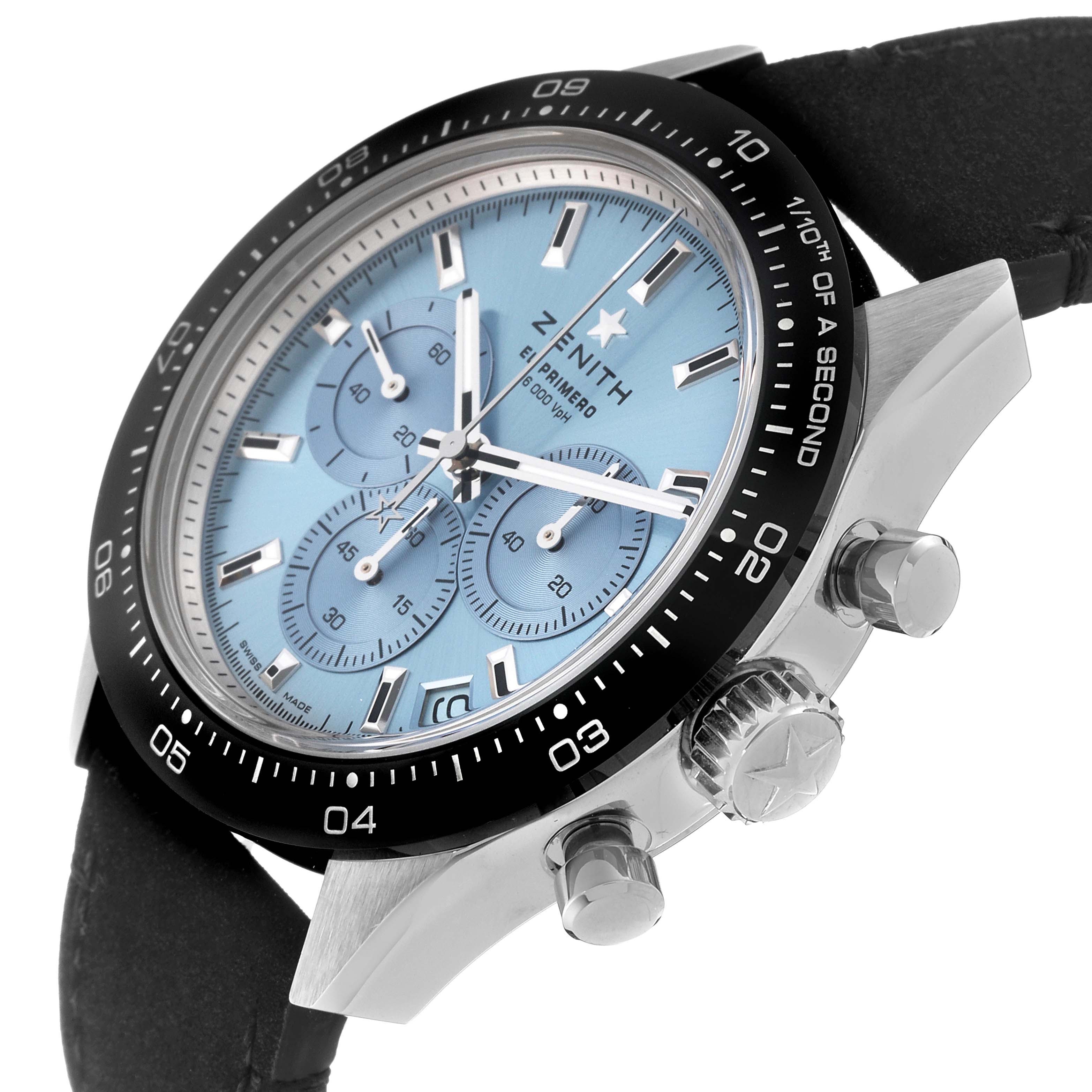 The image shows a close-up angle of a Zenith Chronomaster 65.3104.3600 Men's White Gold Blue Dial 65.3104.3600 Men's White Gold Blue Dial watch, highlighting its dial, bezel, and crown.