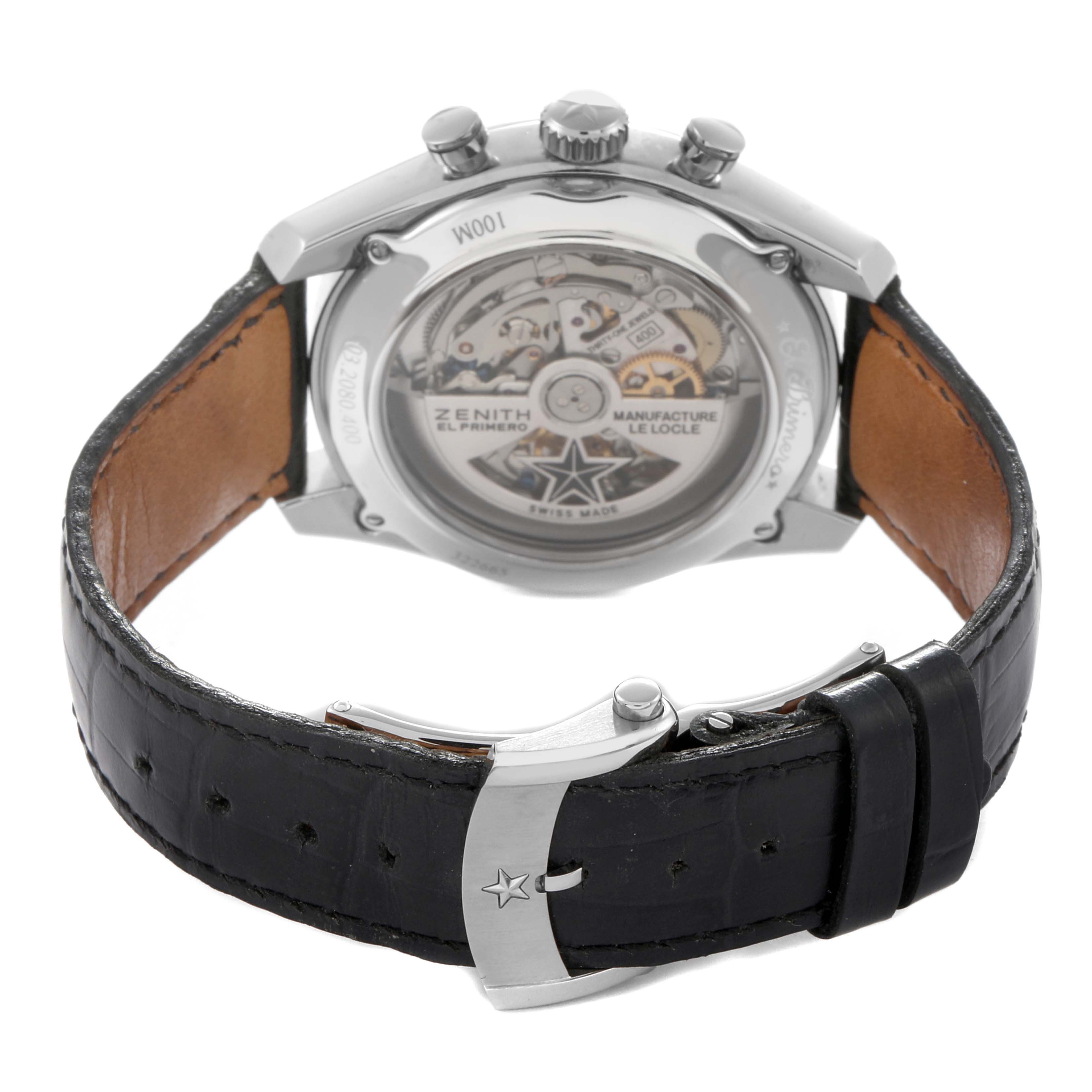 The image shows the back of the Zenith Chronomaster 03.2080.400/21.C496 watch, displaying its exposed movement and leather strap with a clasp.