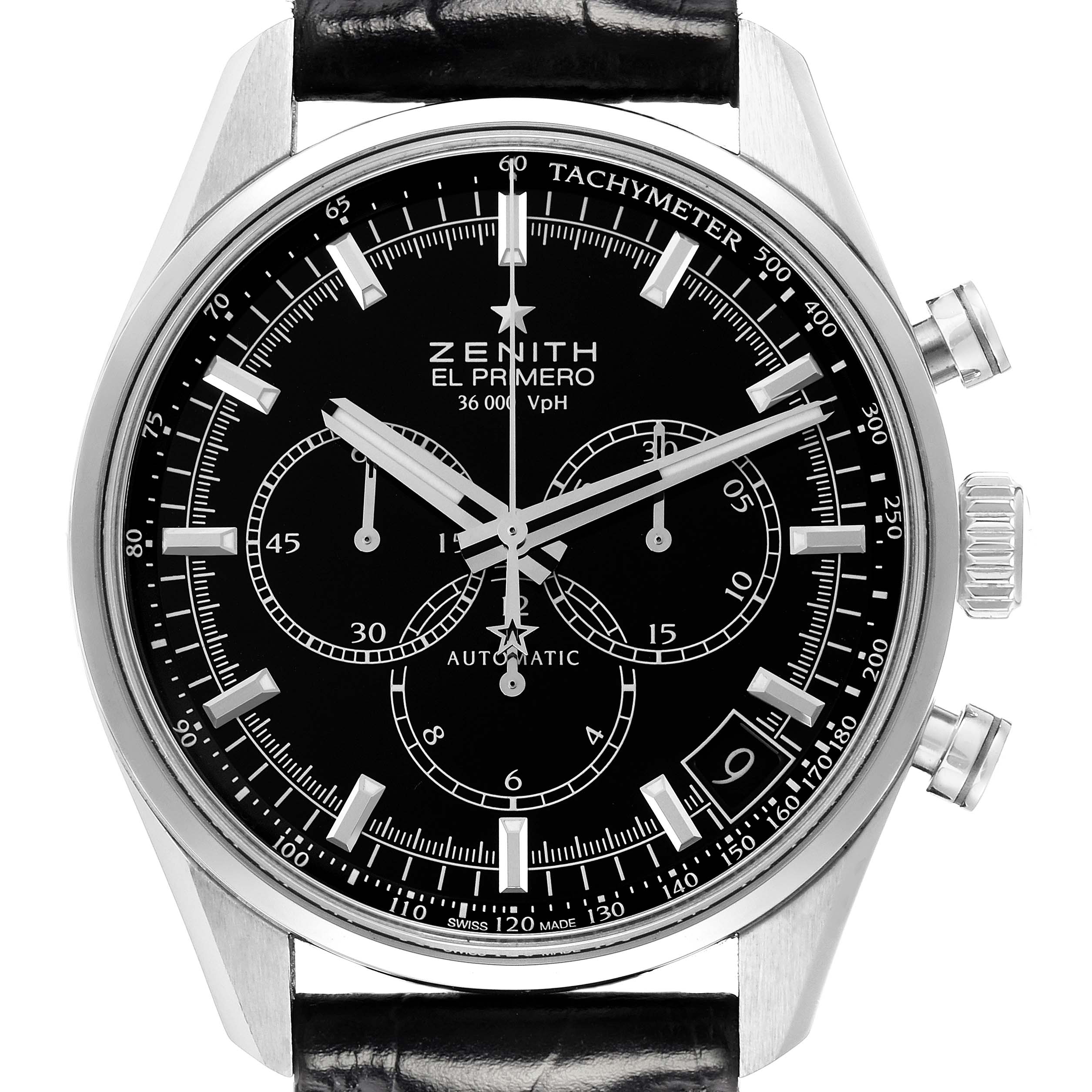 The Zenith Chronomaster 03.2080.400/21.C496 watch is shown from a front angle, displaying the dial, subdials, tachymeter scale, and crown.