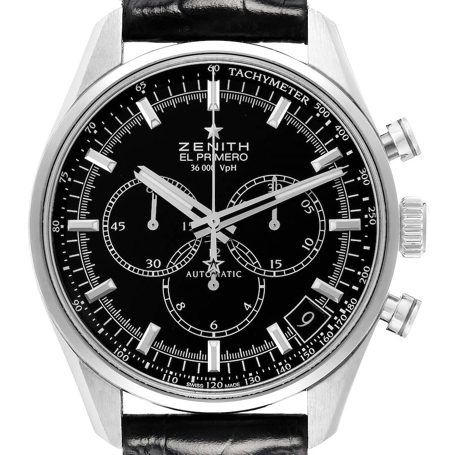 The Zenith Chronomaster 03.2080.400/21.C496 watch is shown from a front angle, displaying the dial, subdials, tachymeter scale, and crown.