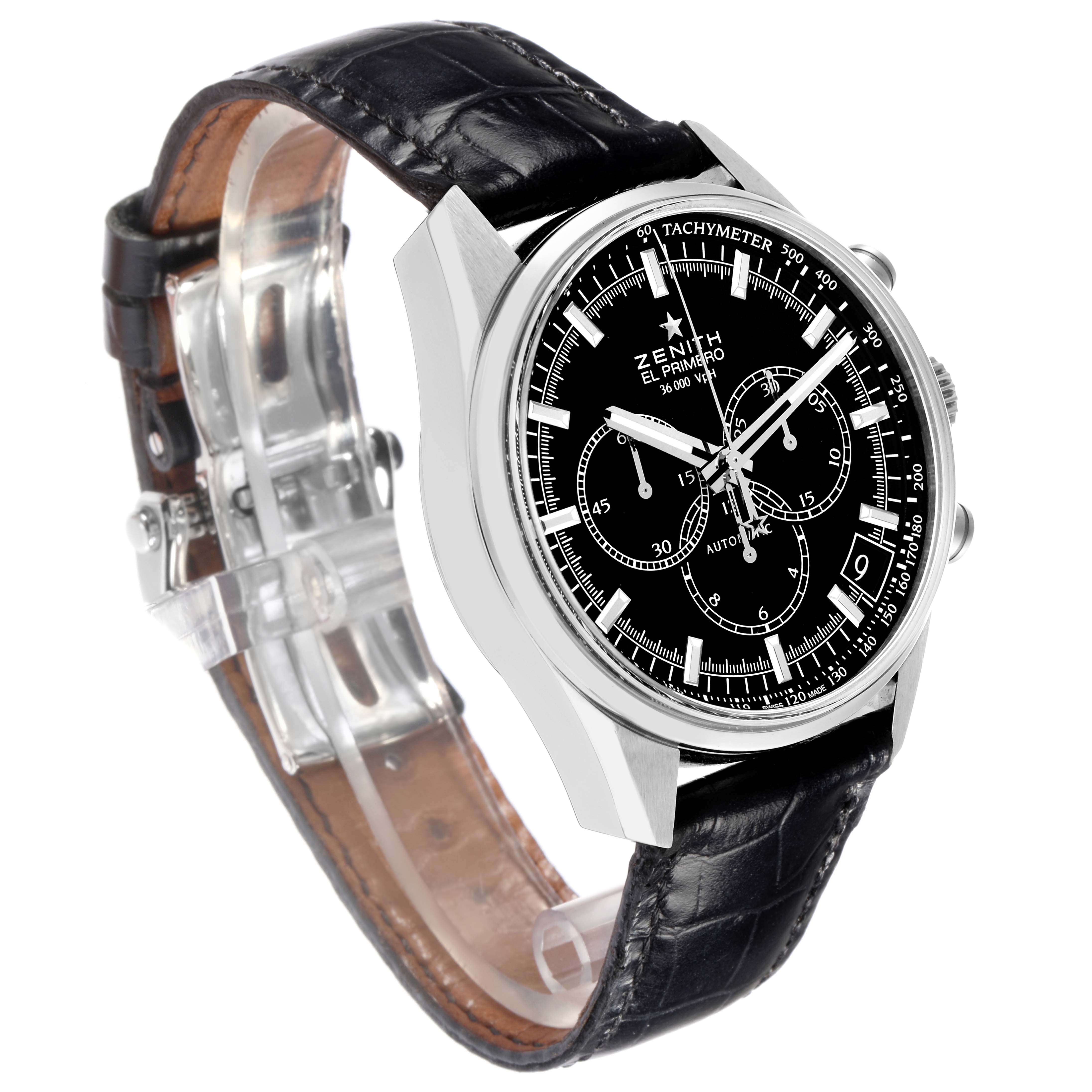 The Zenith Chronomaster 03.2080.400/21.C496 is shown at a three-quarter angle, highlighting the black dial, chronograph subdials, and black leather strap.