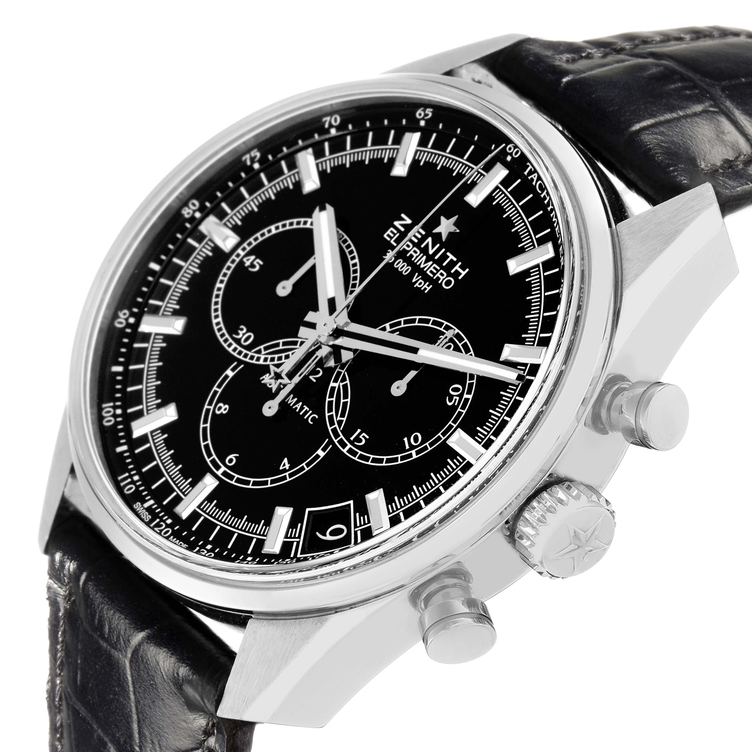 The image shows a Zenith Chronomaster 03.2080.400/21.C496 men's watch at a side angle, highlighting the dial, crown, and pushers.