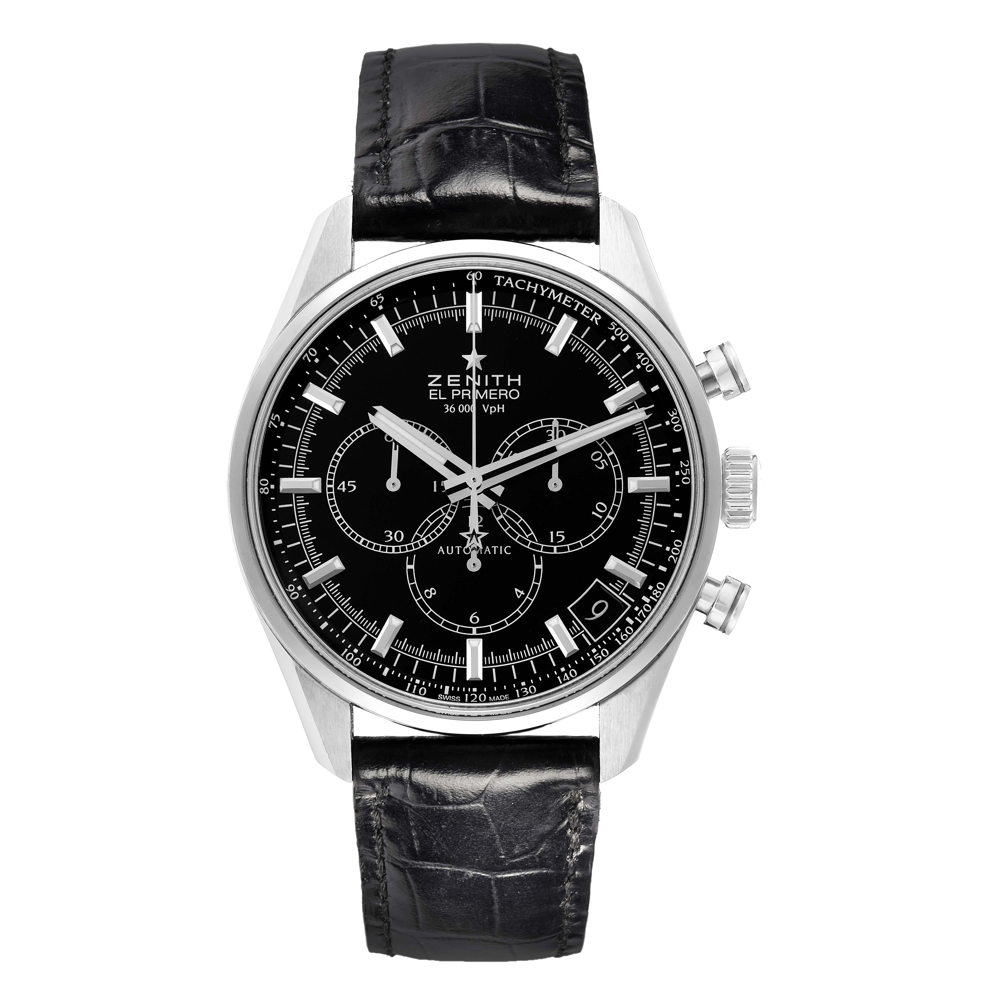 The image shows a frontal view of the Zenith Chronomaster 03.2080.400/21.C496 men's watch, highlighting the dial, sub-dials, and tachymeter on a leather strap.