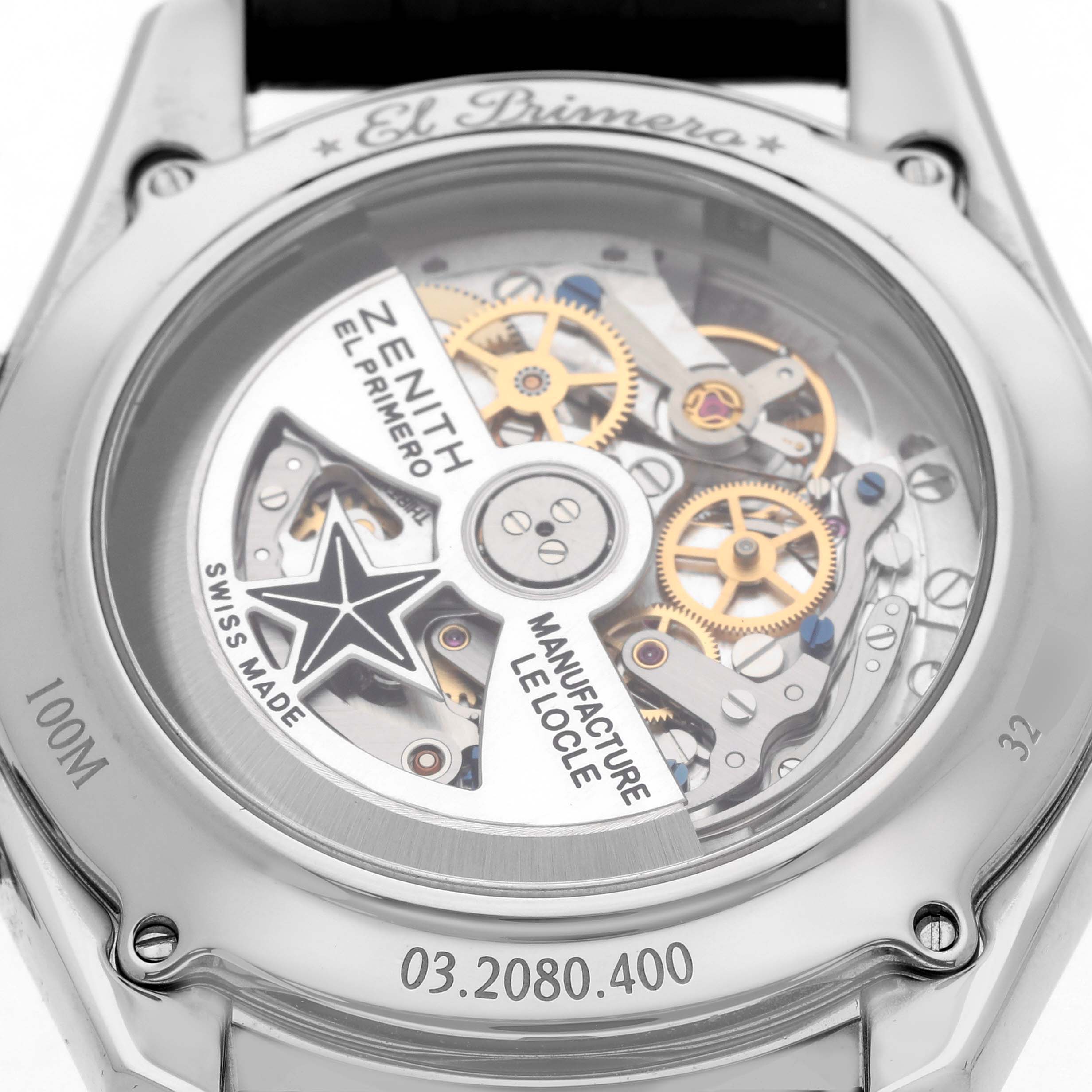 The image shows the case back of the Zenith Chronomaster model 03.2080.400/21.C496, highlighting the movement and intricate internal mechanisms.