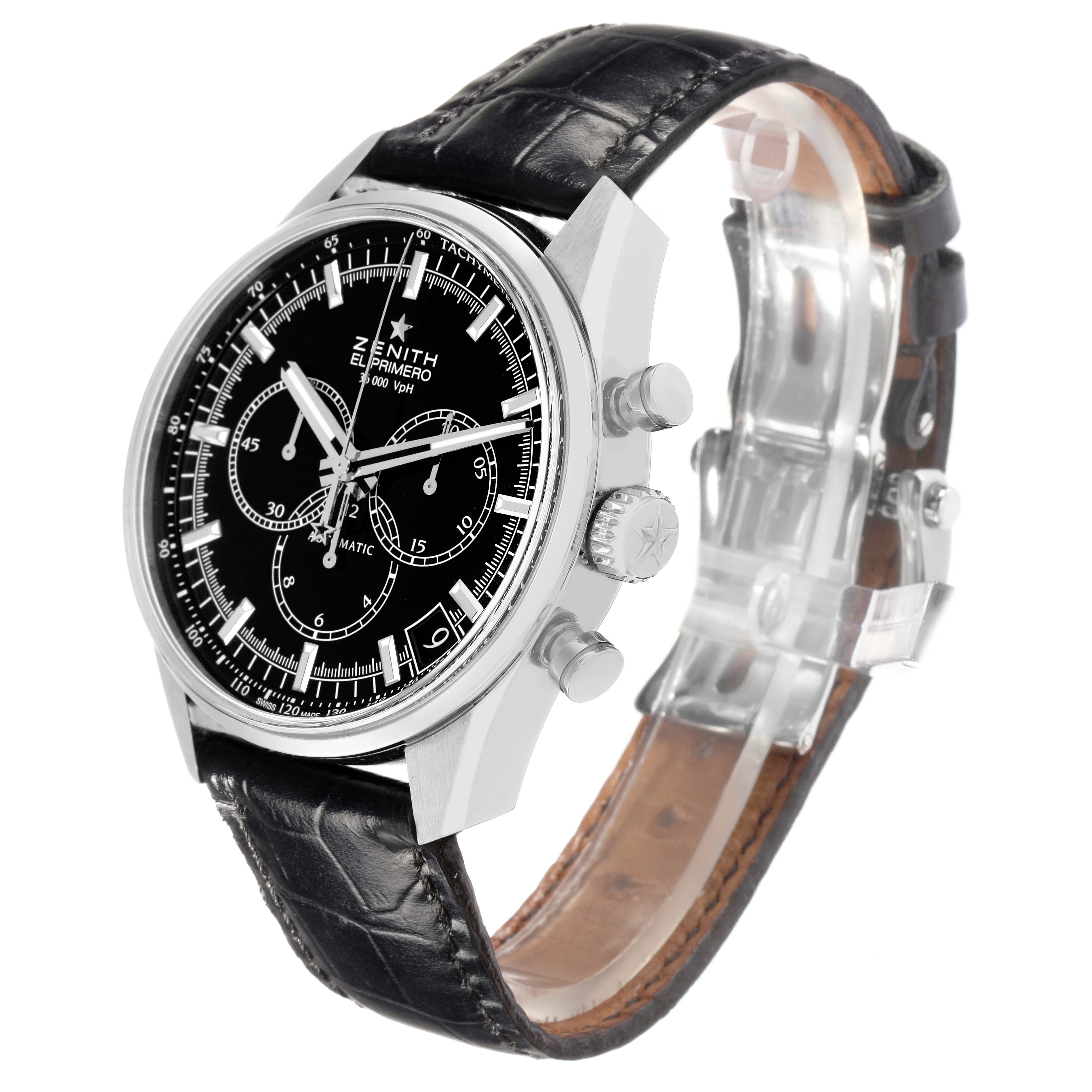 The Zenith Chronomaster model 03.2080.400/21.C496 is shown at a three-quarter front angle, highlighting the face, bezel, crown, and strap.