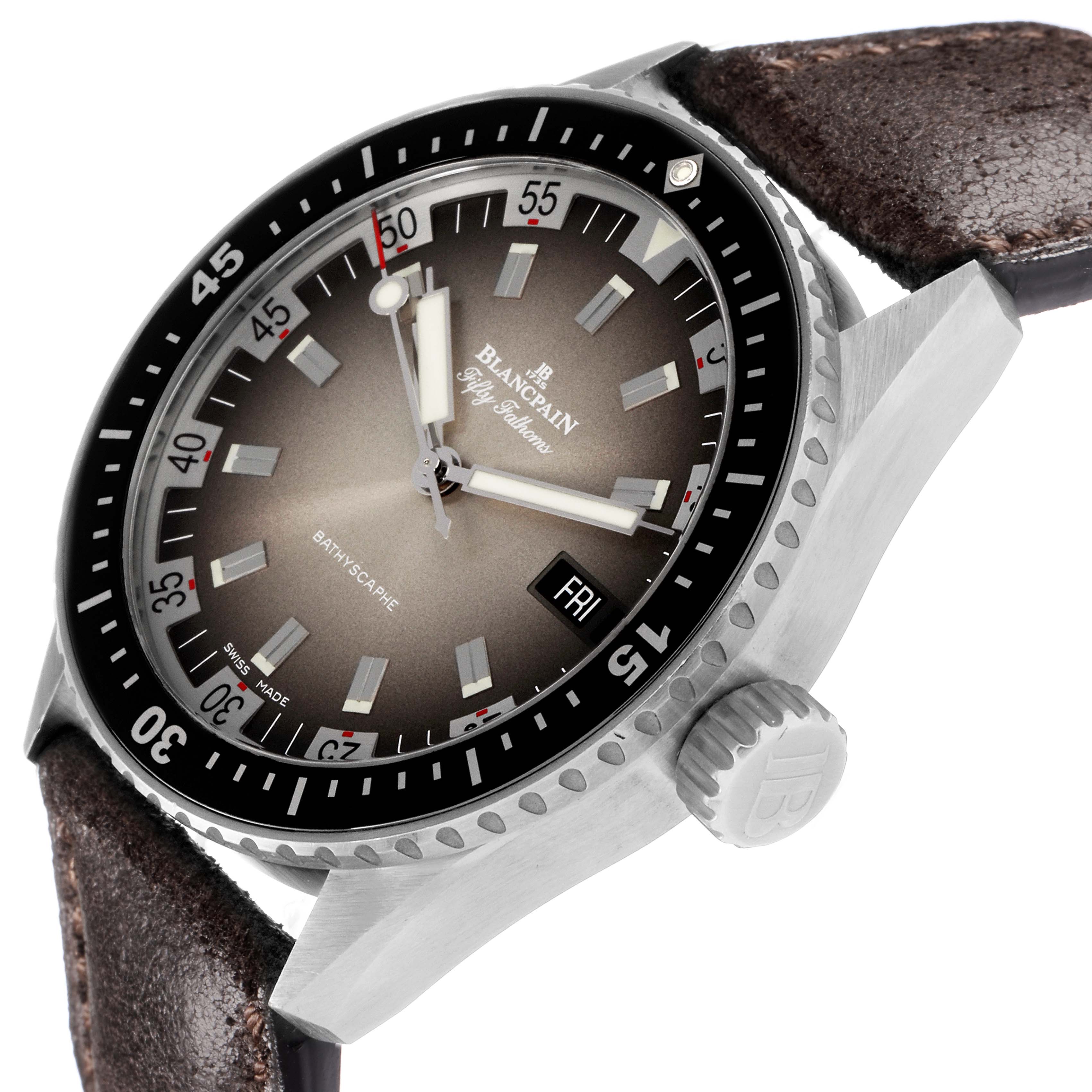 The image shows a side and slightly angled view of the Blancpain Fifty Fathoms model 5052-1110-63A, highlighting the watch face, bezel, crown, and leather strap.