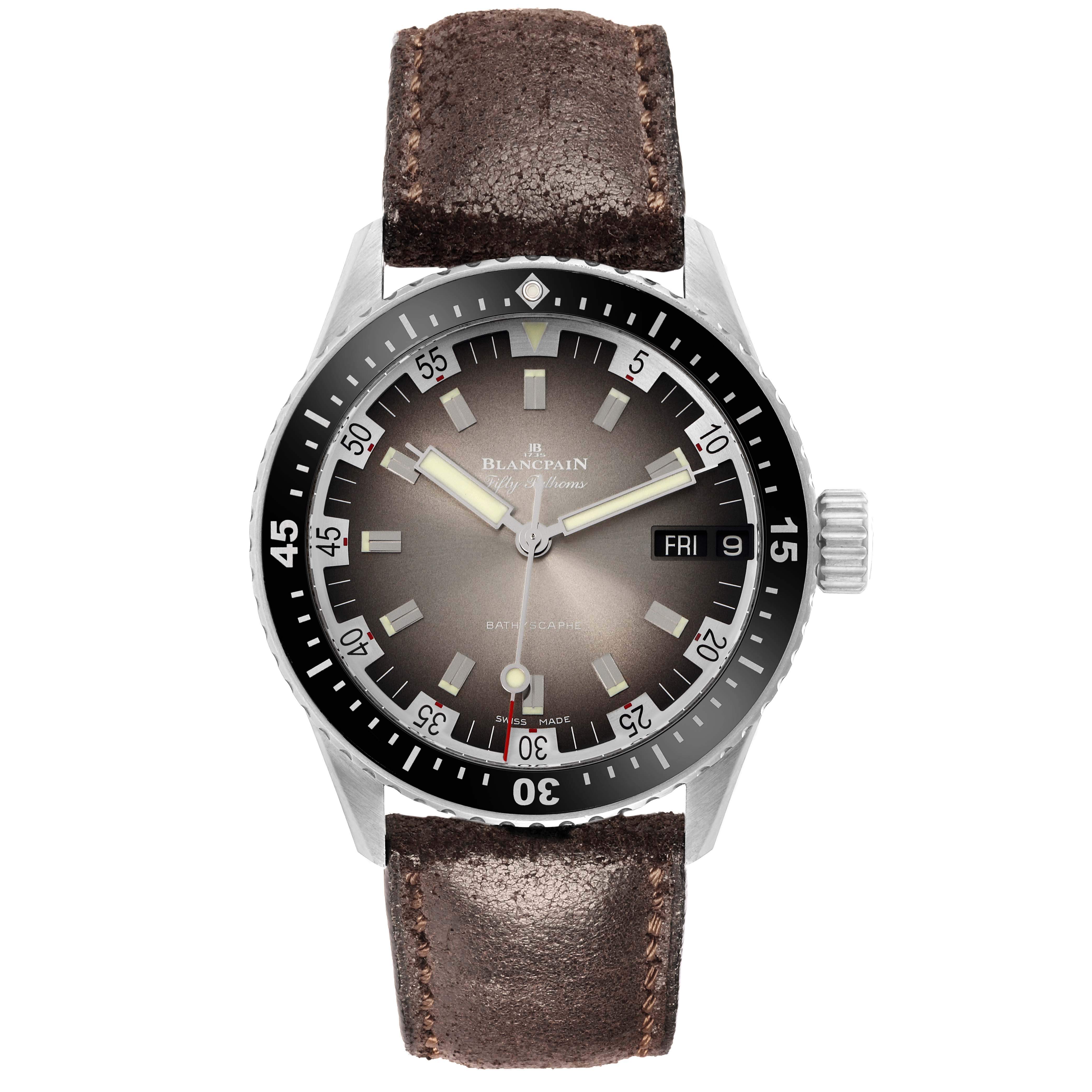 The Blancpain Fifty Fathoms model 5052-1110-63A is shown from a top-down angle, highlighting the face, bezel, and strap.