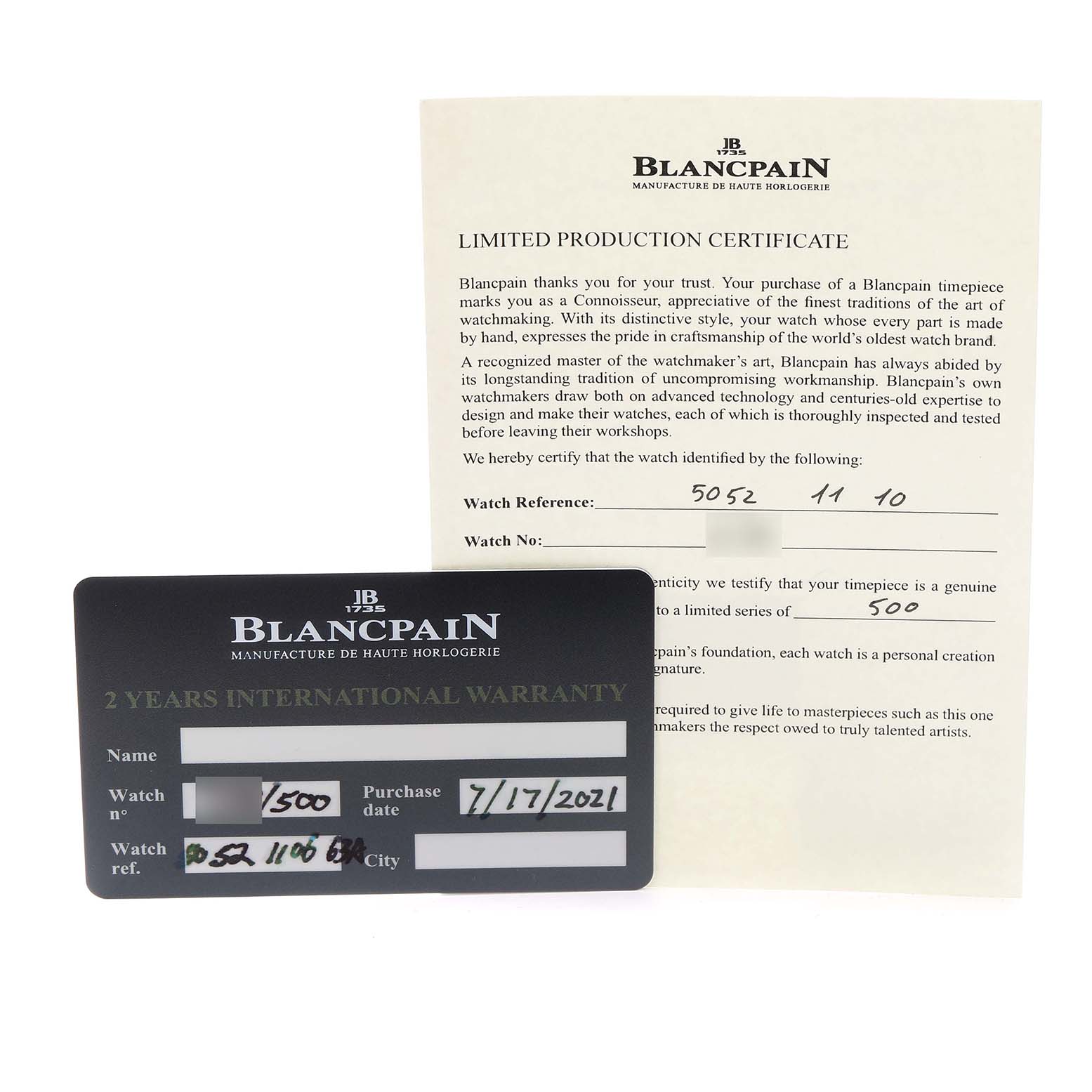The image displays the warranty card and limited production certificate for the Blancpain Fifty Fathoms model 5052-1110-63A men's watch.