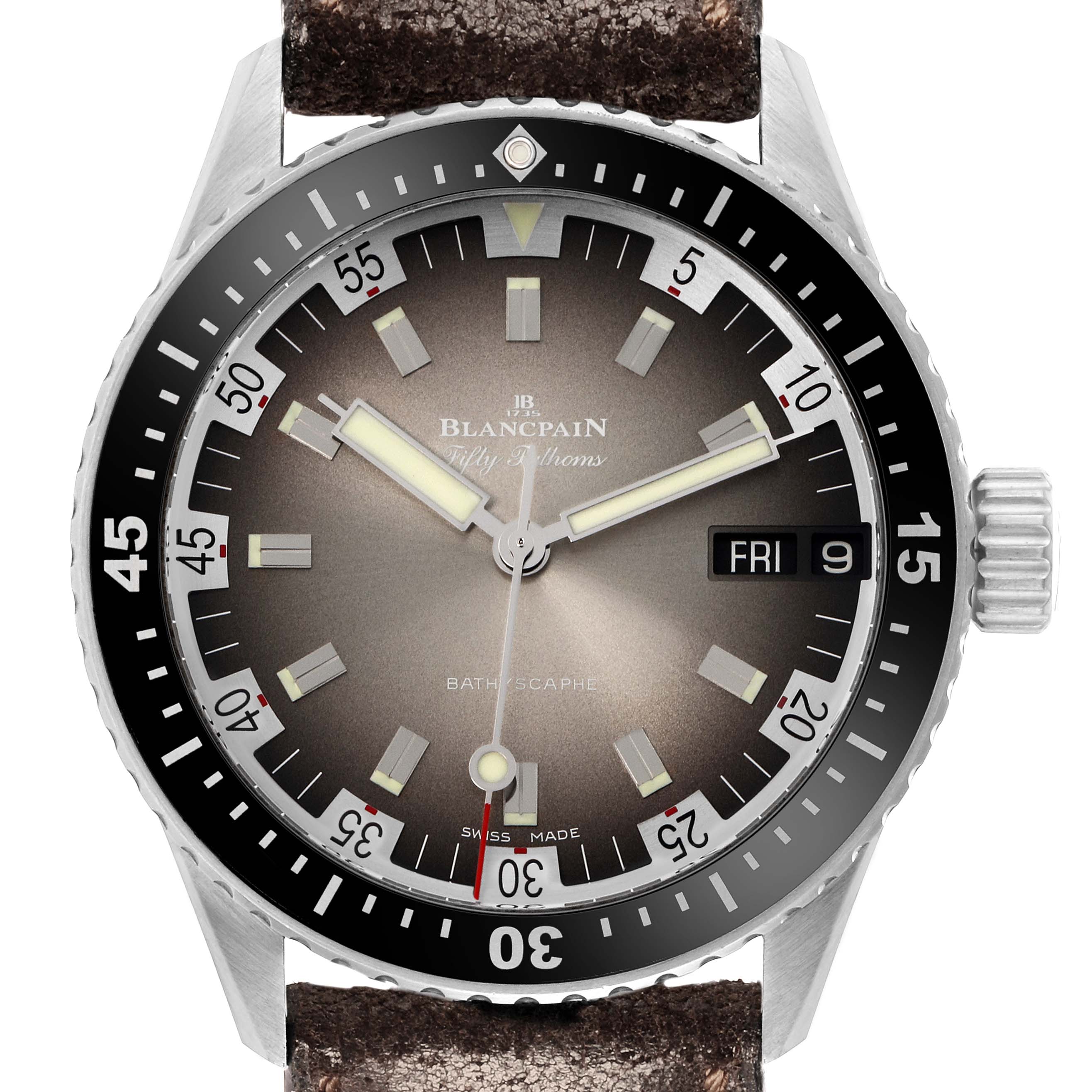 The Blancpain Fifty Fathoms model 5052-1110-63A is shown from a top-down angle, displaying the dial, bezel, hands, date window, and part of the strap.